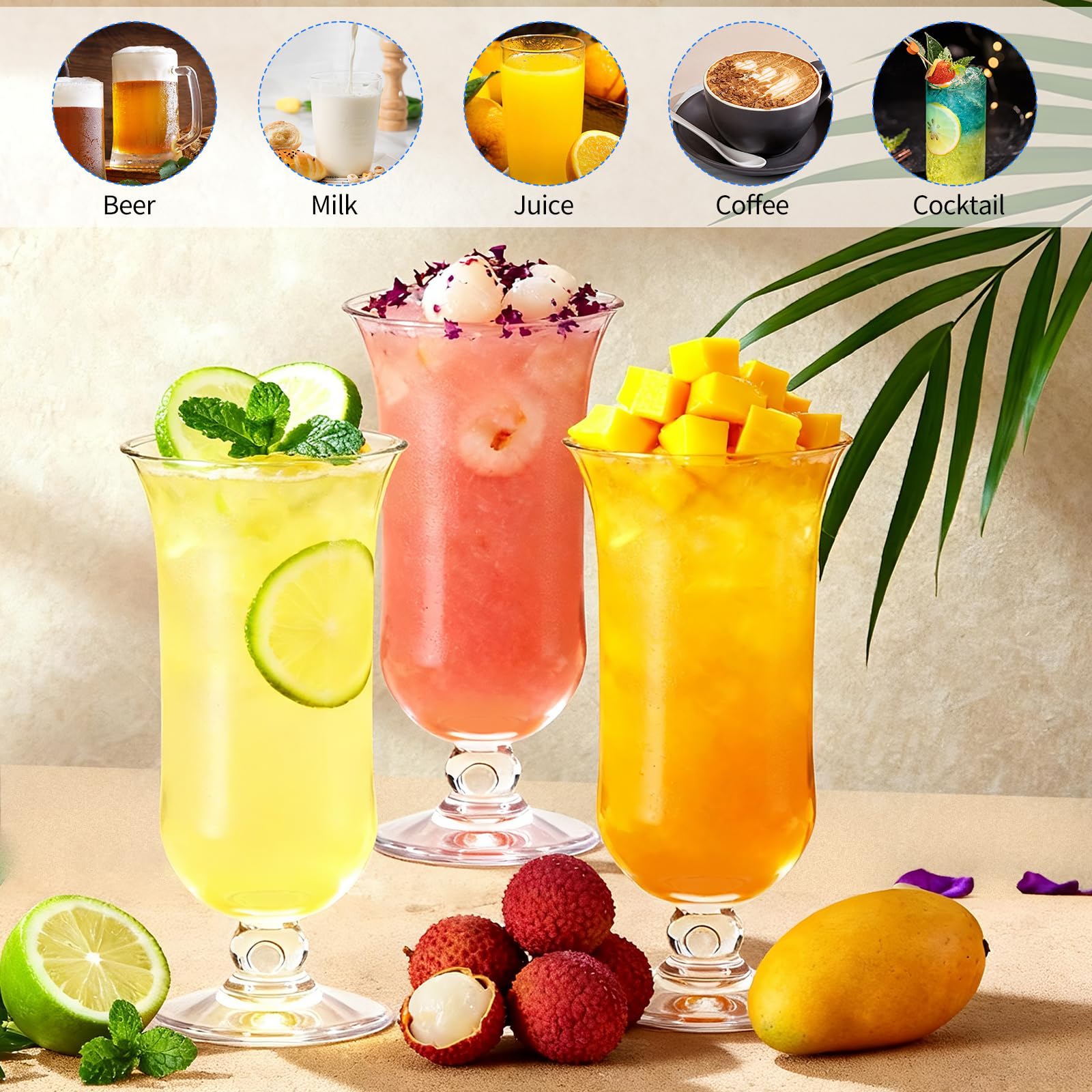 Cheardia 6 Stück Hurricane Glas, 383 ml Kunststoff Pina Colada Gläser Bruchfest Transparent Tulpe Trinkbecher für Säfte, Cocktails, Ganzkörperbier, tropische Getränke, Wasser, Getränke