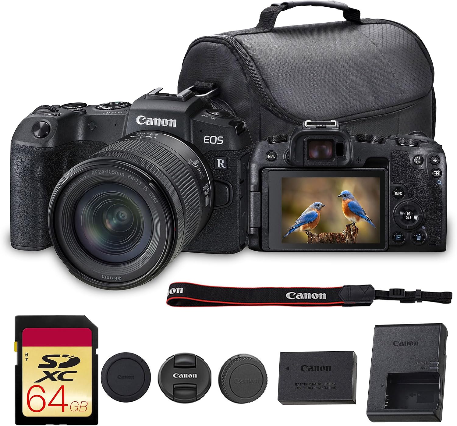 EOS RP Mirrorless Camera with 24-105mm Lens (3380C132) Bundle | For Travel, Portrait & Everyday Photography | 26.2MP Full-Frame Mirrorless Camera | 4K Video + 64GB Memory Card + Camera Bag