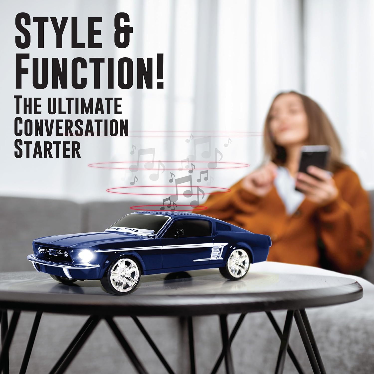 QFX Bluetooth 1965 Retro Car Replica Speaker, 3-inch Speakers, Hands Free Link, Built-in Microphone, FM Radio and LED Party Lights, Blue - BT-1965-BLU