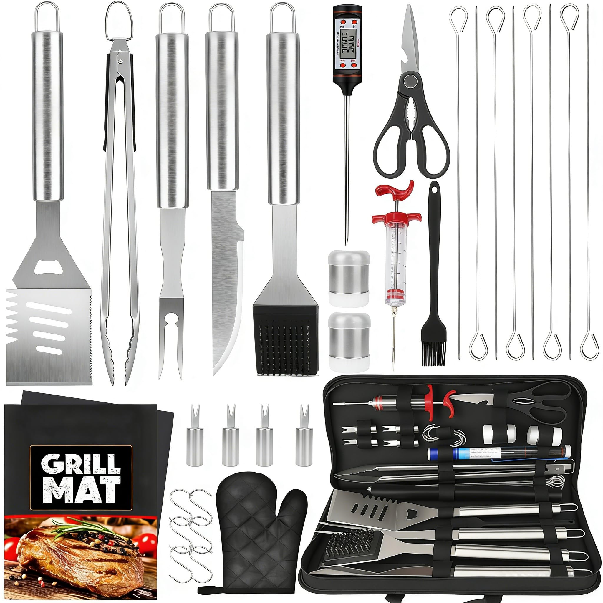 JUAUO 32PCS BBQ Tool Set, Thickened Stainless Steel Barbecue Accessories with Oxford Storage Bag – Complete BBQ Utensil Kit for Outdoor, Camping, Garden & Kitchen – Grilling Gifts for Men, Dad, Him