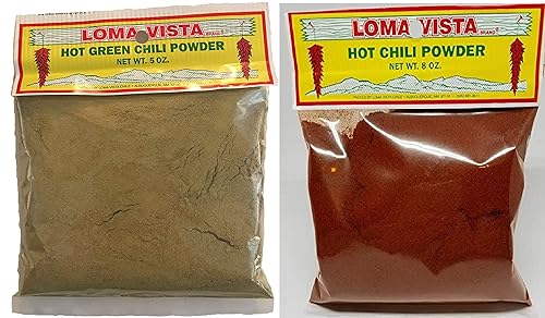 Loma Vista New Mexico "Christmas Style" Bundle – 1 cada uno de los polvos de chile verde HOT Hatch de 5 onzas y bolsas de 8 onzas de chile rojo