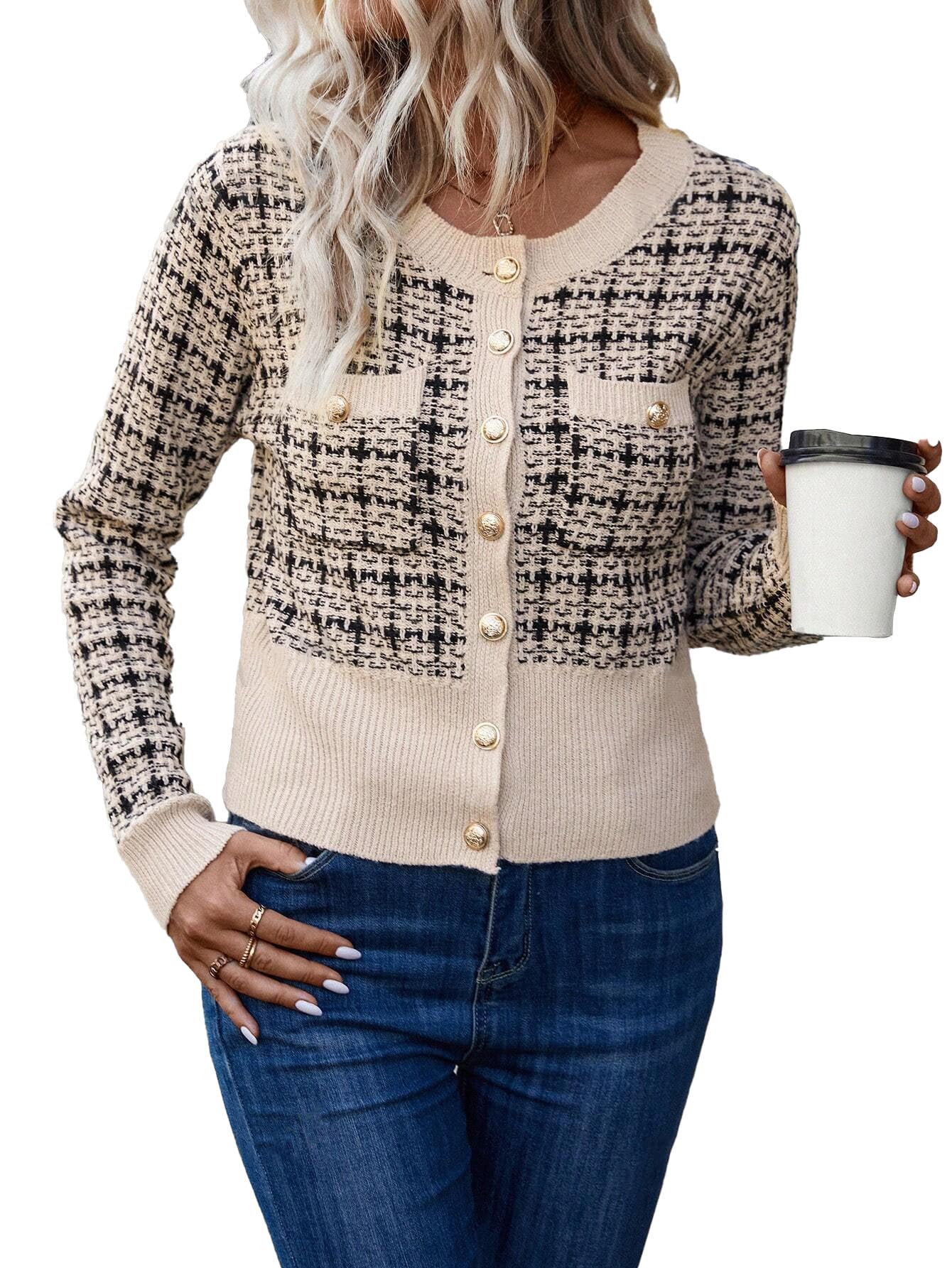 chouyatou Womens Warm Fall Tweed Open Front Knit Cardigan Cozy Plaid Business Casual Sweater Jacket