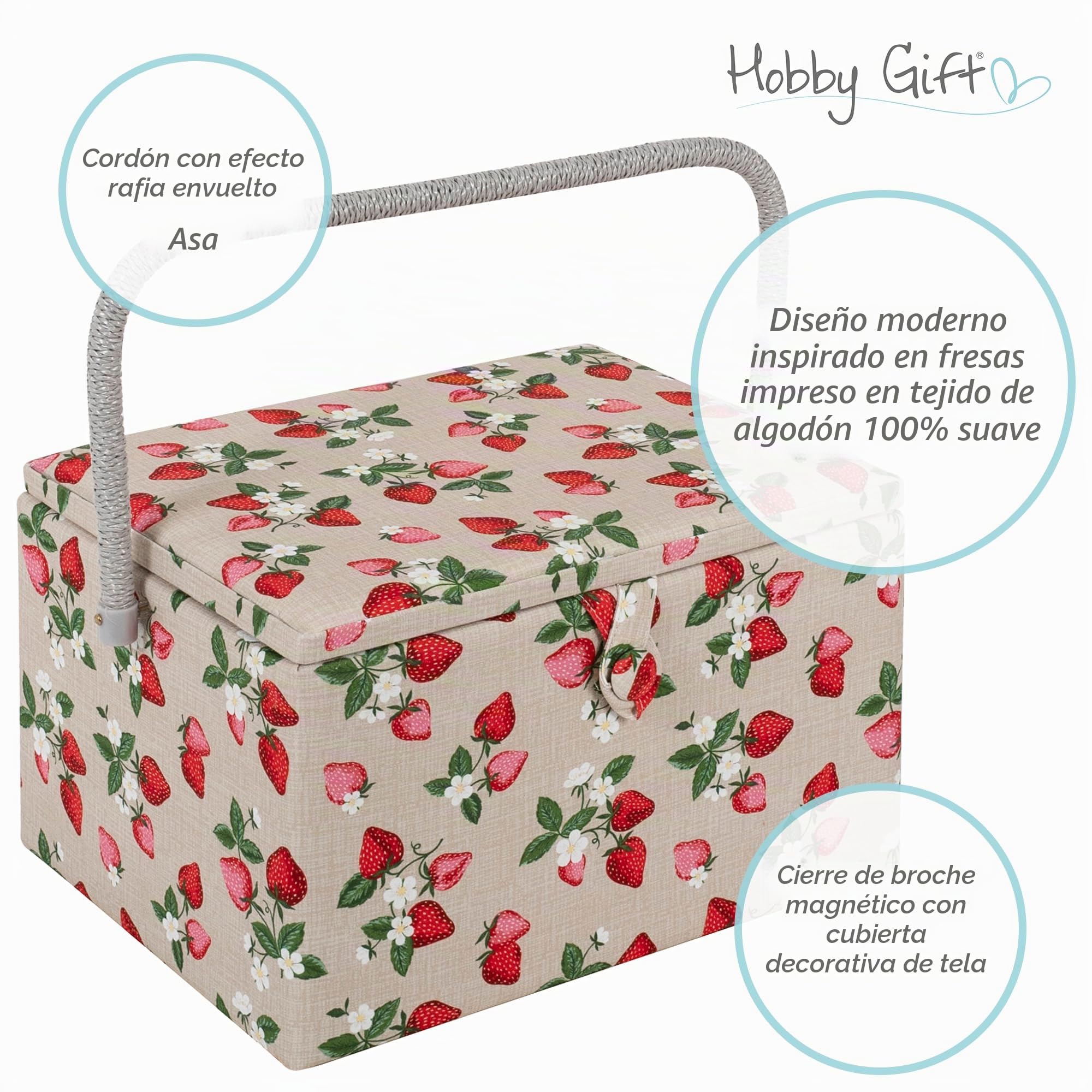 Hobby Gift Caja de Costura Grande con Asa, Cesta de Algodón para Almacenaje de Costura, Organizador con Compartimentos, 23,5 x 31 x 20 cm, Fresas