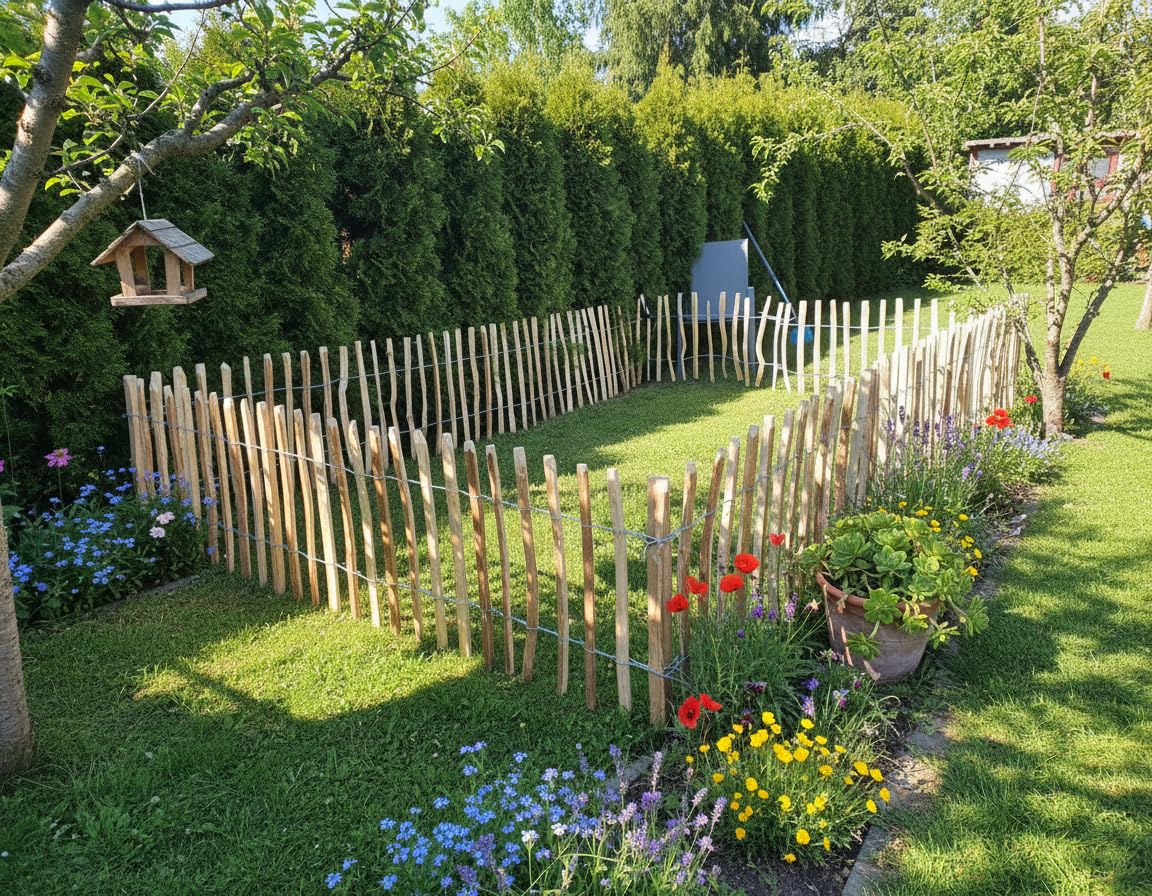 Sevico Staketenzaun imprägniert Haselnuss Holzzaun Haselnussholz Zaunlatte Rollzaun Kastanienzaun Gartenzaun 35 cm x 5m+ Pflock, Lattenabstand: 7-8 cm