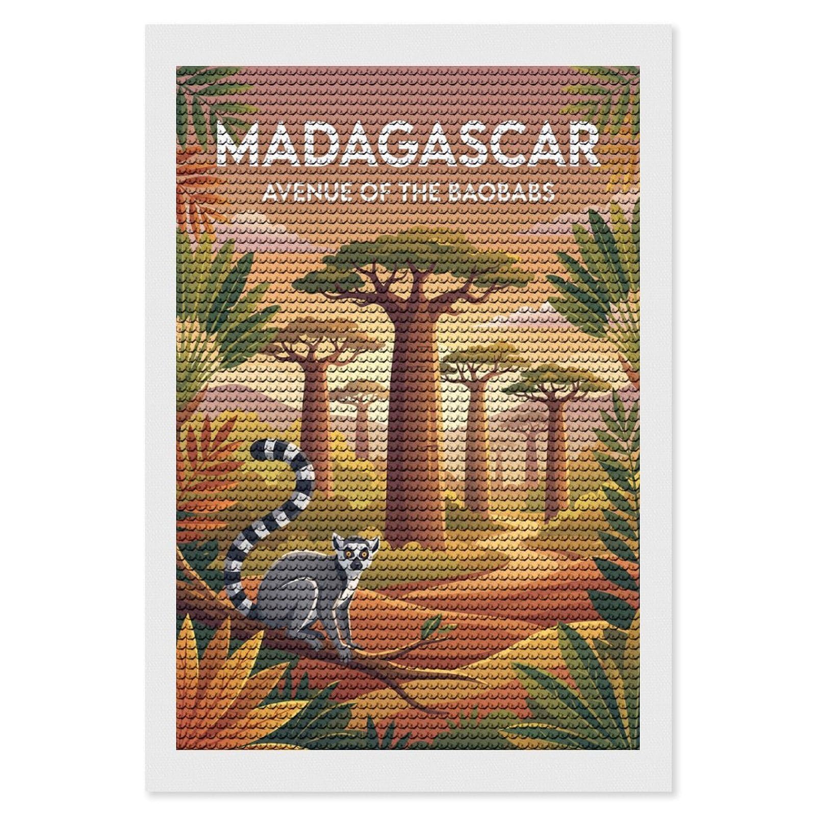 Junmoney Madagascar Avenue of The Baobabs Lemur DIY Diamond Art Canvas Kit 8"x12", Relaxing DIY, Sparkling Crystal Beads, Vintage Style Decor, Holiday Gift Idea