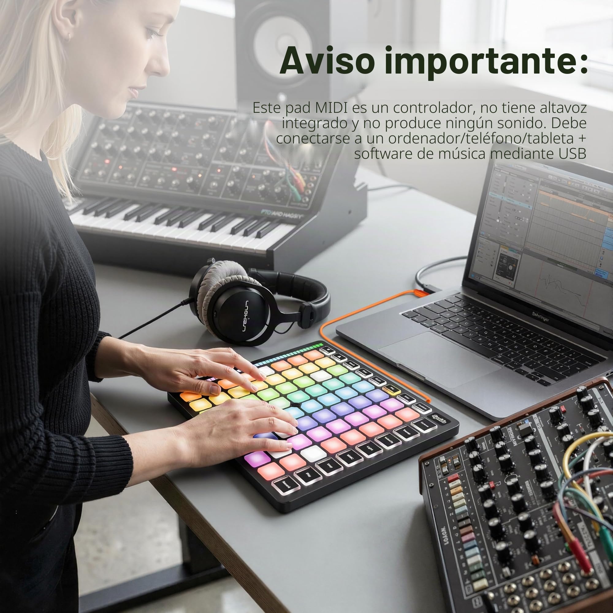 Synido Controlador MIDI de 64 almohadillas, TempoPAD Z-1 Beat Maker con 64 almohadillas de ritmo para producción musical, controlador midi USB con modo fácil para principiantes