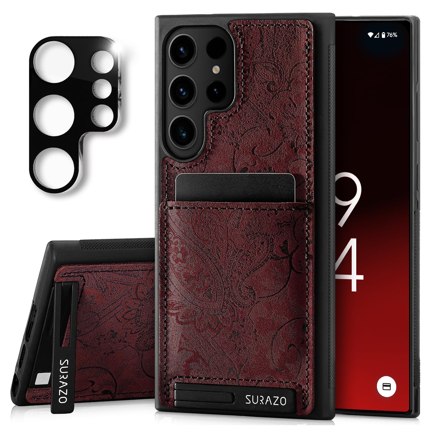 SURAZO Skórzane etui do Samsung Galaxy S25 Ultra z ochroną aparatu – prawdziwa skóra tylna osłona na telefon komórkowy [przegródka na karty] [funkcja stojaka] [motyw kwiatowy], odporne na uderzenia