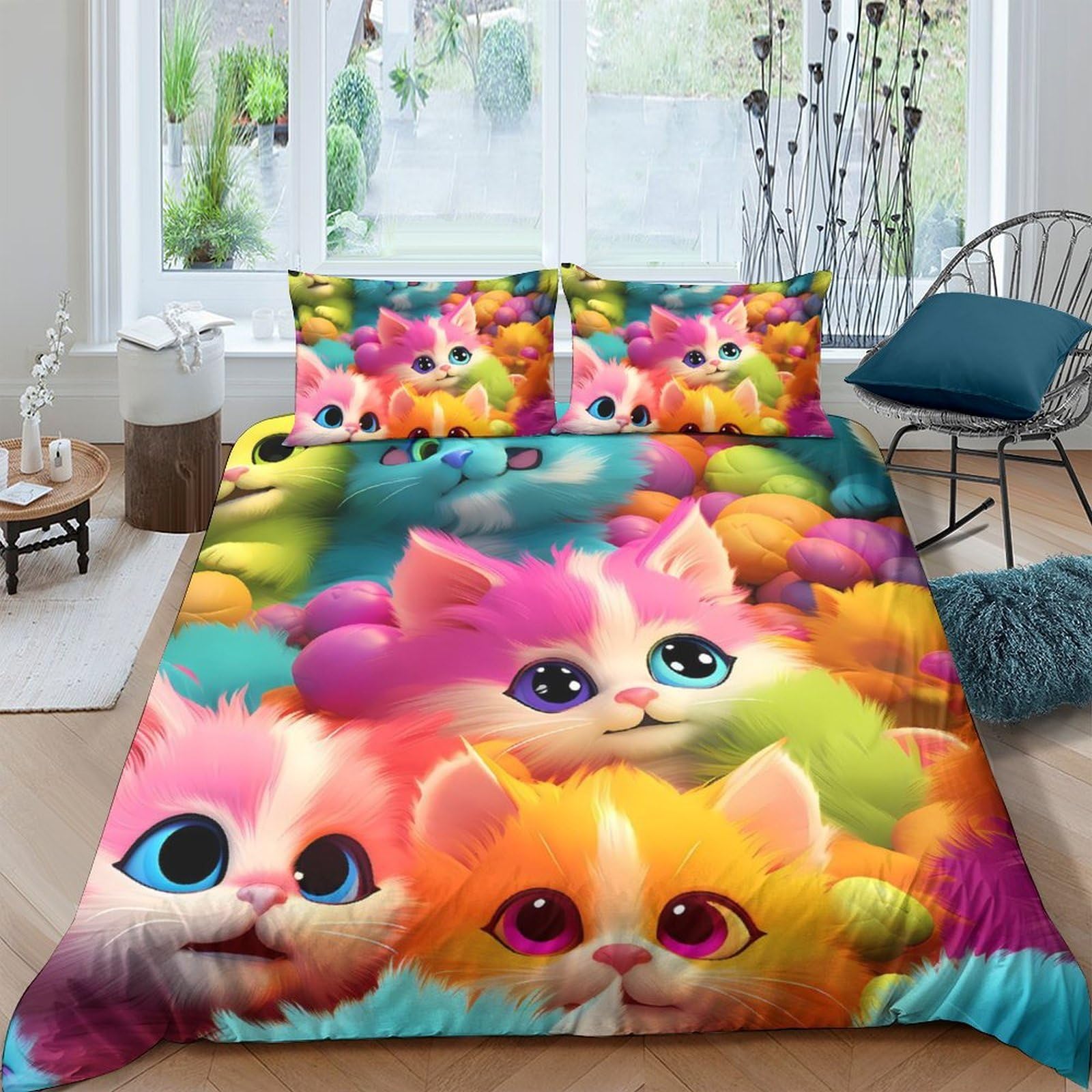 Ctjqhvkz Style-3 3D Printed Colorful Cartoon Cat Fitted Sheet Microfiber Soft Bedroom Bed Cover Rainbow Kittens Mattress Protector Single（135X200cm）