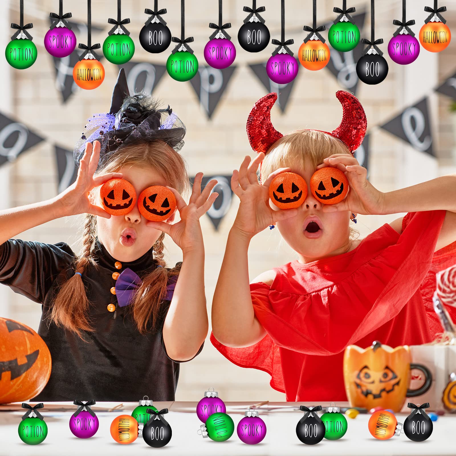 16 Pcs Halloween Ball Ornaments 2.4 Inch Halloween Decorations for Tree Halloween Hanging Ornaments Plastic Decor Halloween Decor for Tree Home Party Haunted House (Black,Orange,Purple,Green)