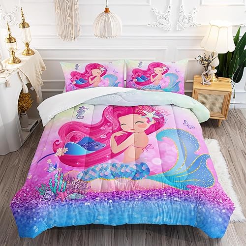 Miniatura 1 de Juego de edredón de mariposa de sirena, tamaño individual, juego de ropa de cama de cuento de hadas, conchas marinas y hierba, colorido juego de