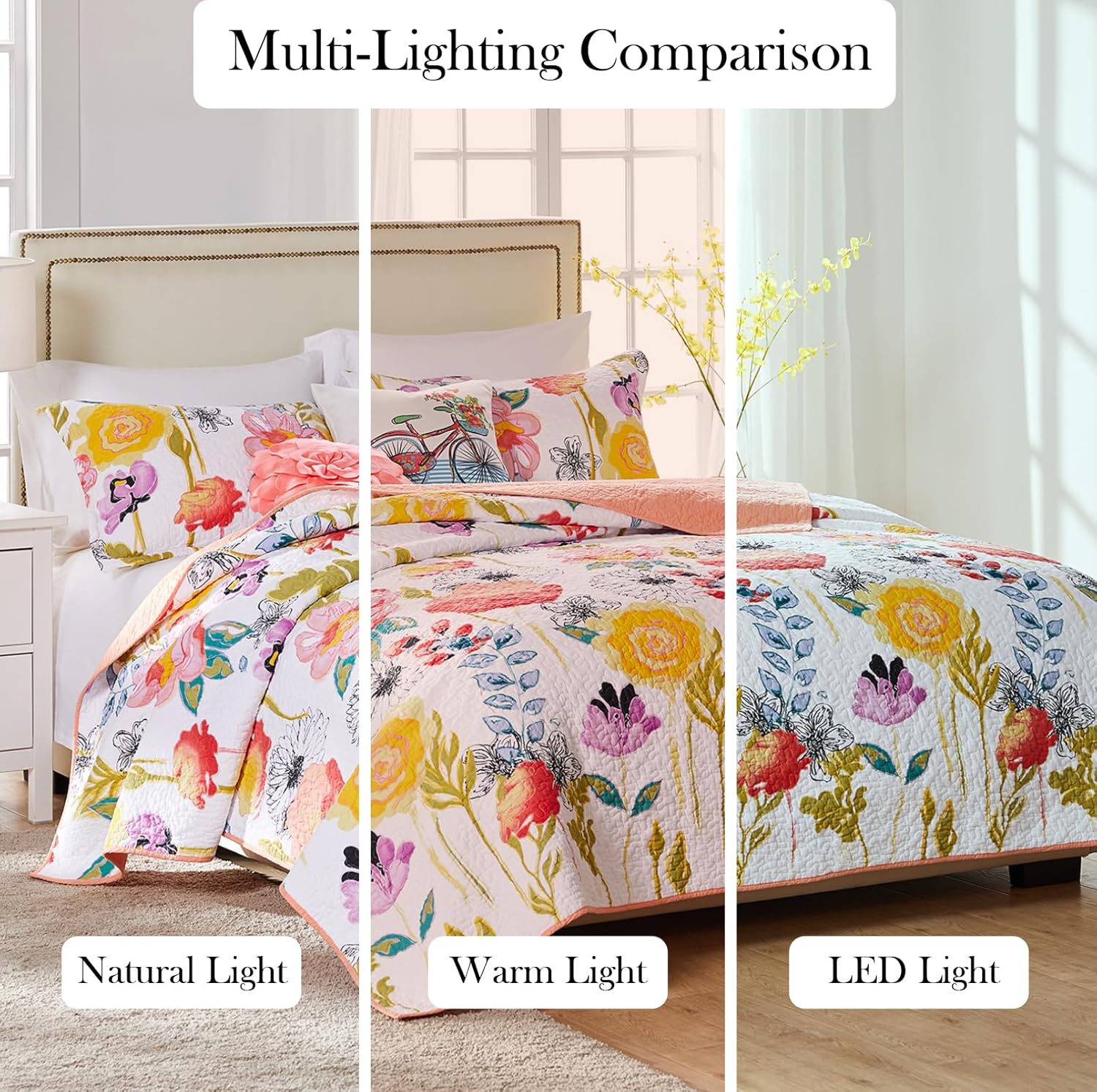 Greenland Home Watercolor Dream 100% Cotton Modern Floral Quilt Set with Decorative Pillows, 5-Piece Full/Queen, White