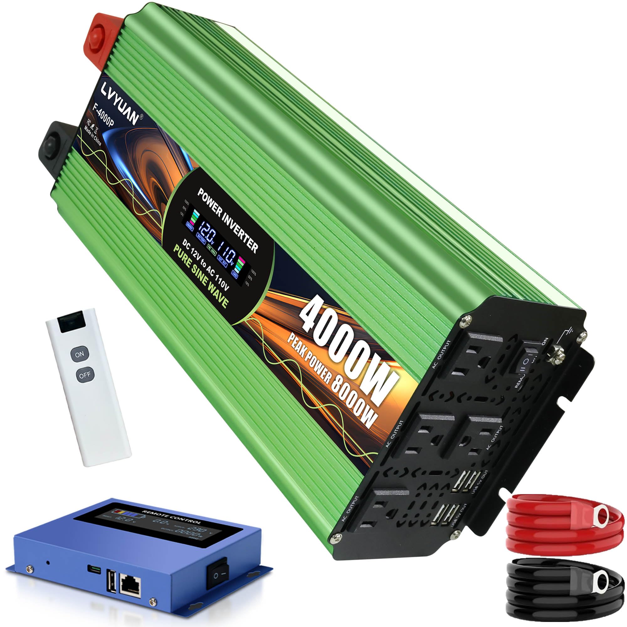 Photo 1 of 4000 Watt Pure Sine Wave Inverter, DC 12V to 120V AC Power Inverter for Vehicle, RV, Truck, Off-Grid, Car Power Inverter with 4 AC Outlet, 20W USB-C, 5V/3.1A USB, Remote & Panel Control, Surge 8000W