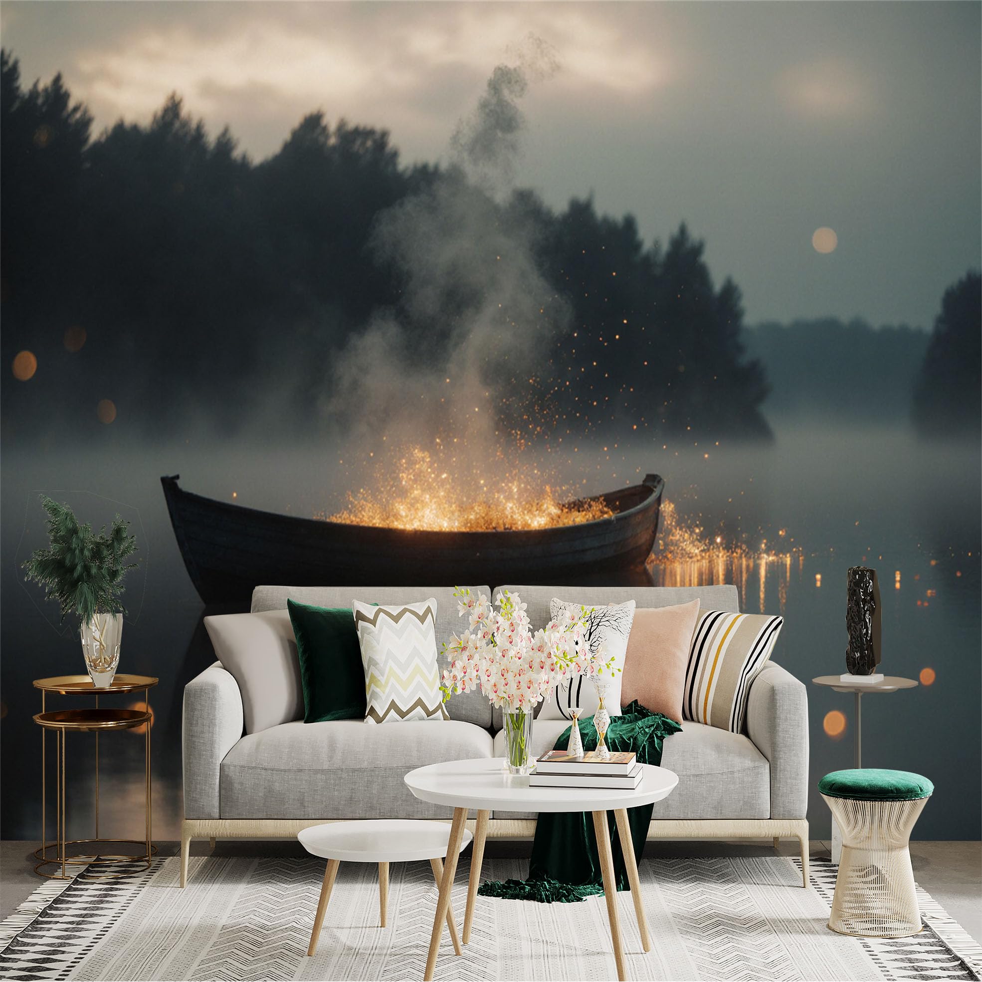 Custom Size Wall Sticker Mural， Glowing Boat on Misty Lake， Magical Sparkles in Dark Waters， Serene Nature Scenery， for wall Decoration， peelandstick wall Decals.