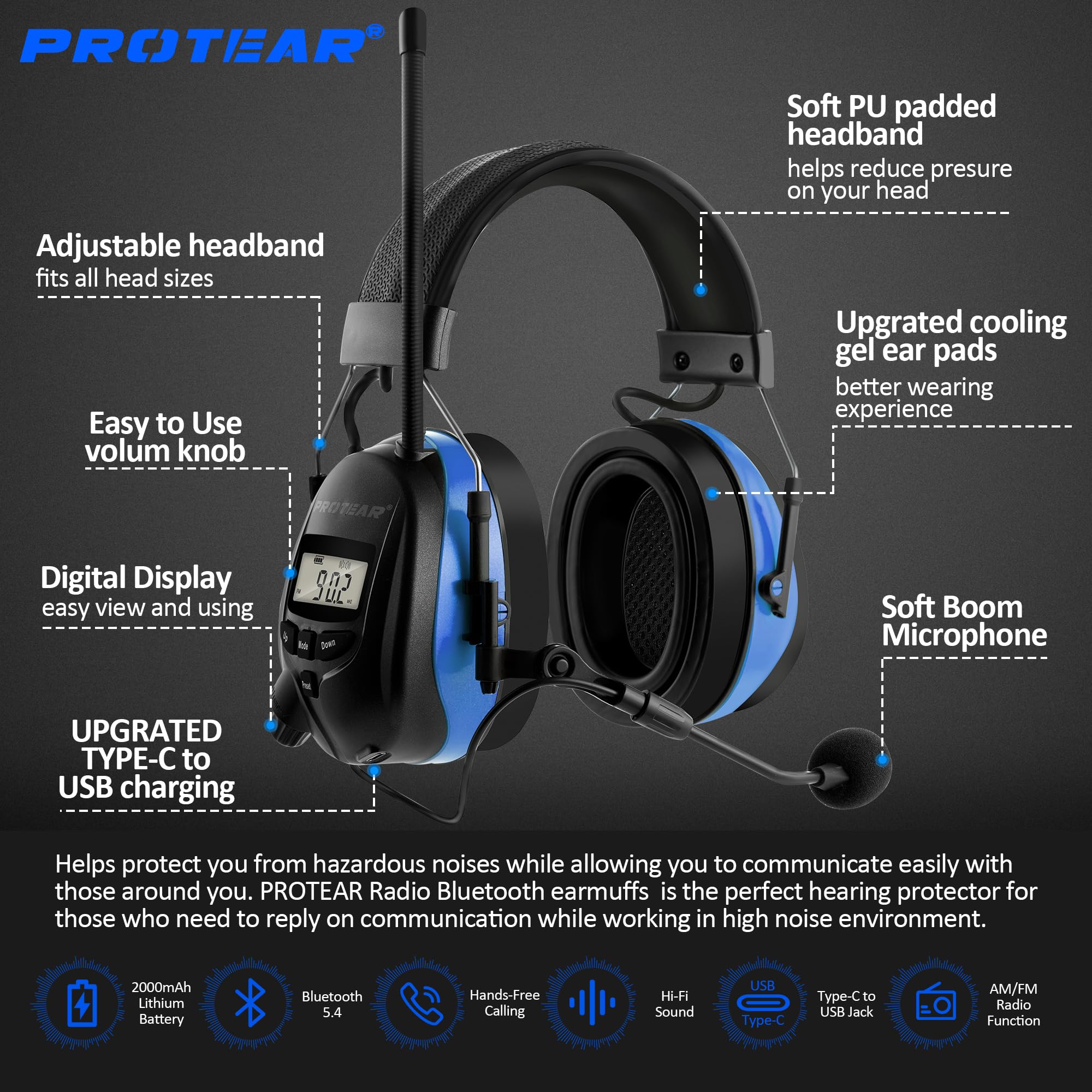 Bluetooth 5.4 Gel Ear Pads Radio Headphones Outdoor Mowing - Dettaglio