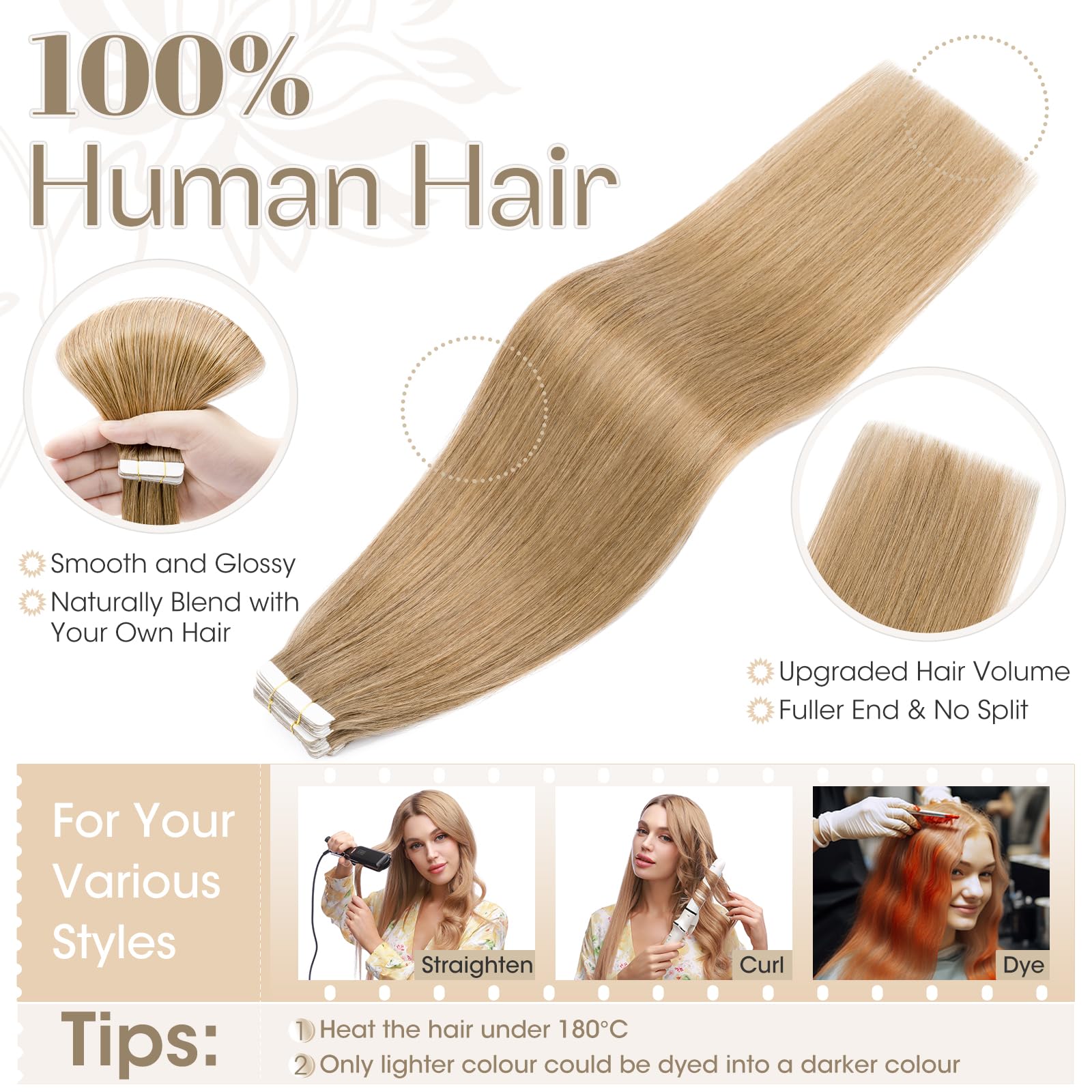 Elailite Tape in Hair Extensions Human Hair 20 Pcs, Seamless Skin Weft Real Remy Hair Extension Straight (#27 Dark Blonde - Image 3