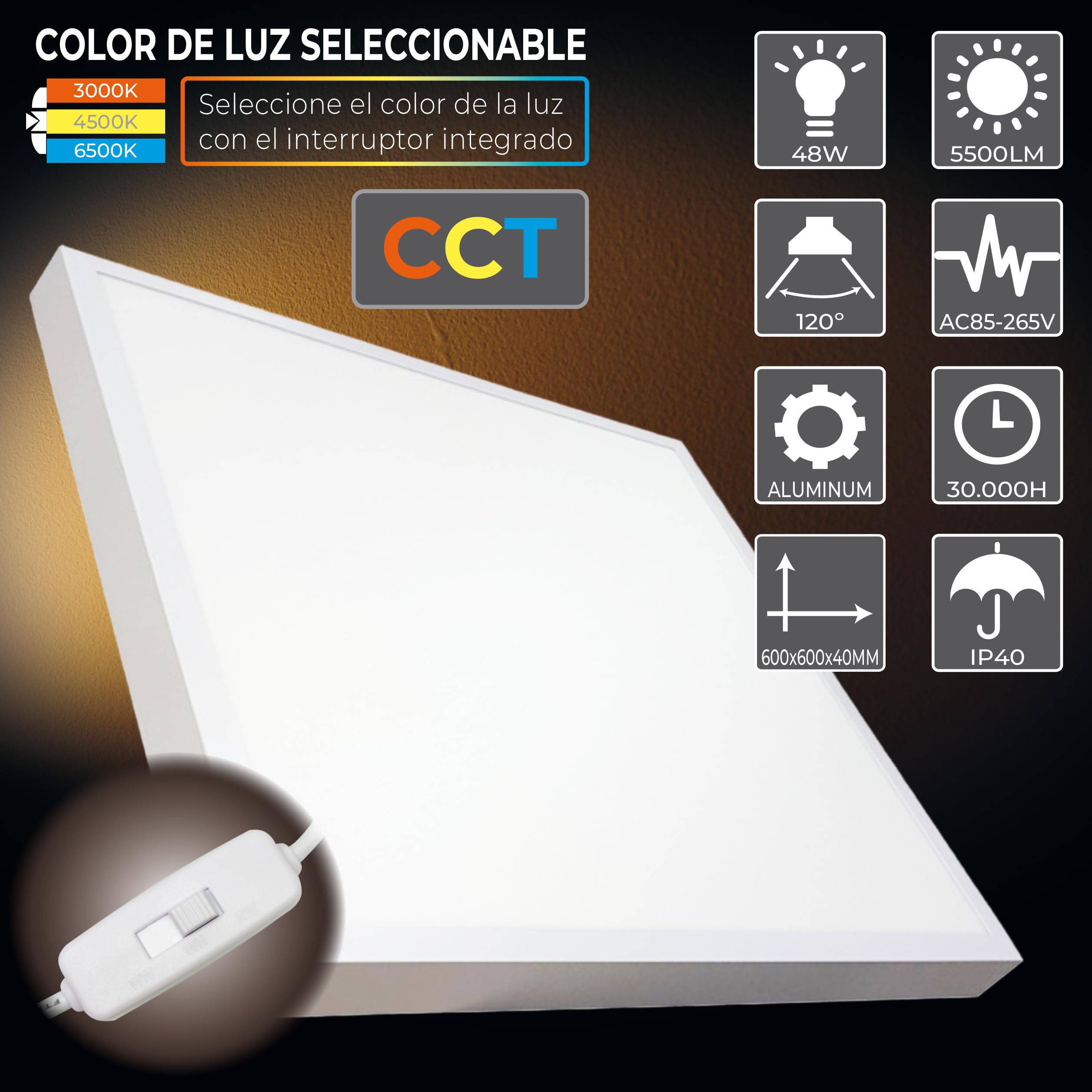 LED ATOMANT Plafoniera LED Soffitto 60x60cm 48W CCT 3000-6500K 5500lm | Con selettore di colore CCT, Driver incluso