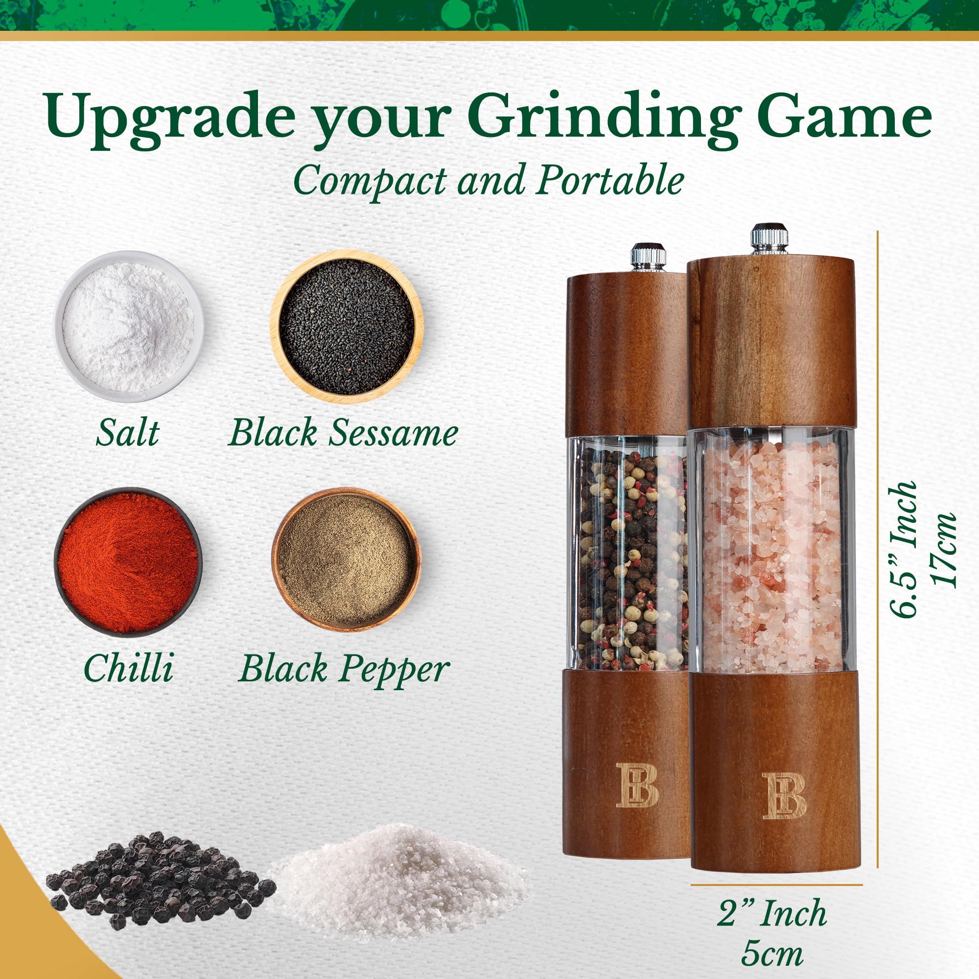 Acrylic & Acacia Wood Salt and Pepper Grinder Set, 6 PCS 7 inch Wooden Salt and Pepper Mill Sets with Base Tray - Image 2