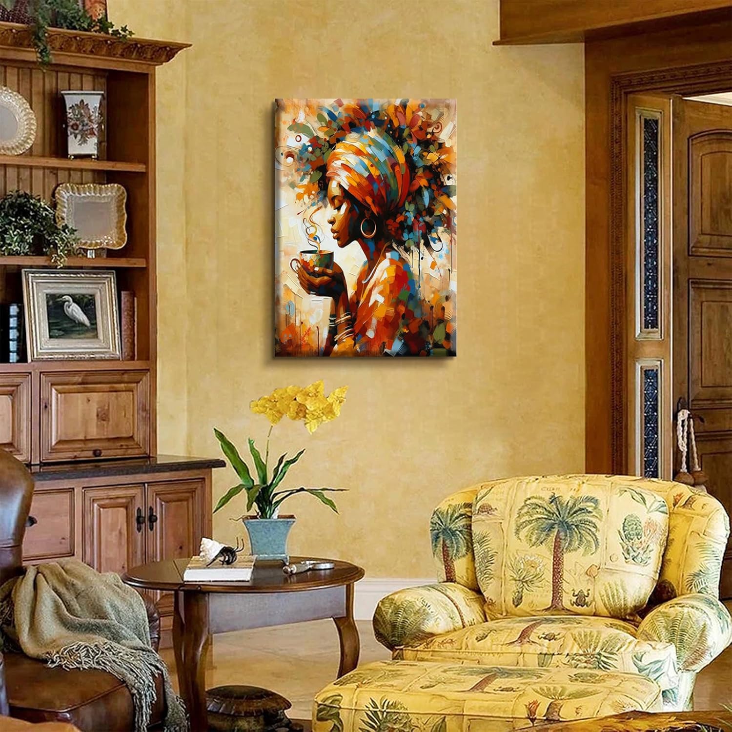 Black Woman Wall Art African American Wall Decor Coffee Girl Poster Print African Tribal Painting Picture for Living Room Bedroom Ready to Hang (16x24in Canvas)