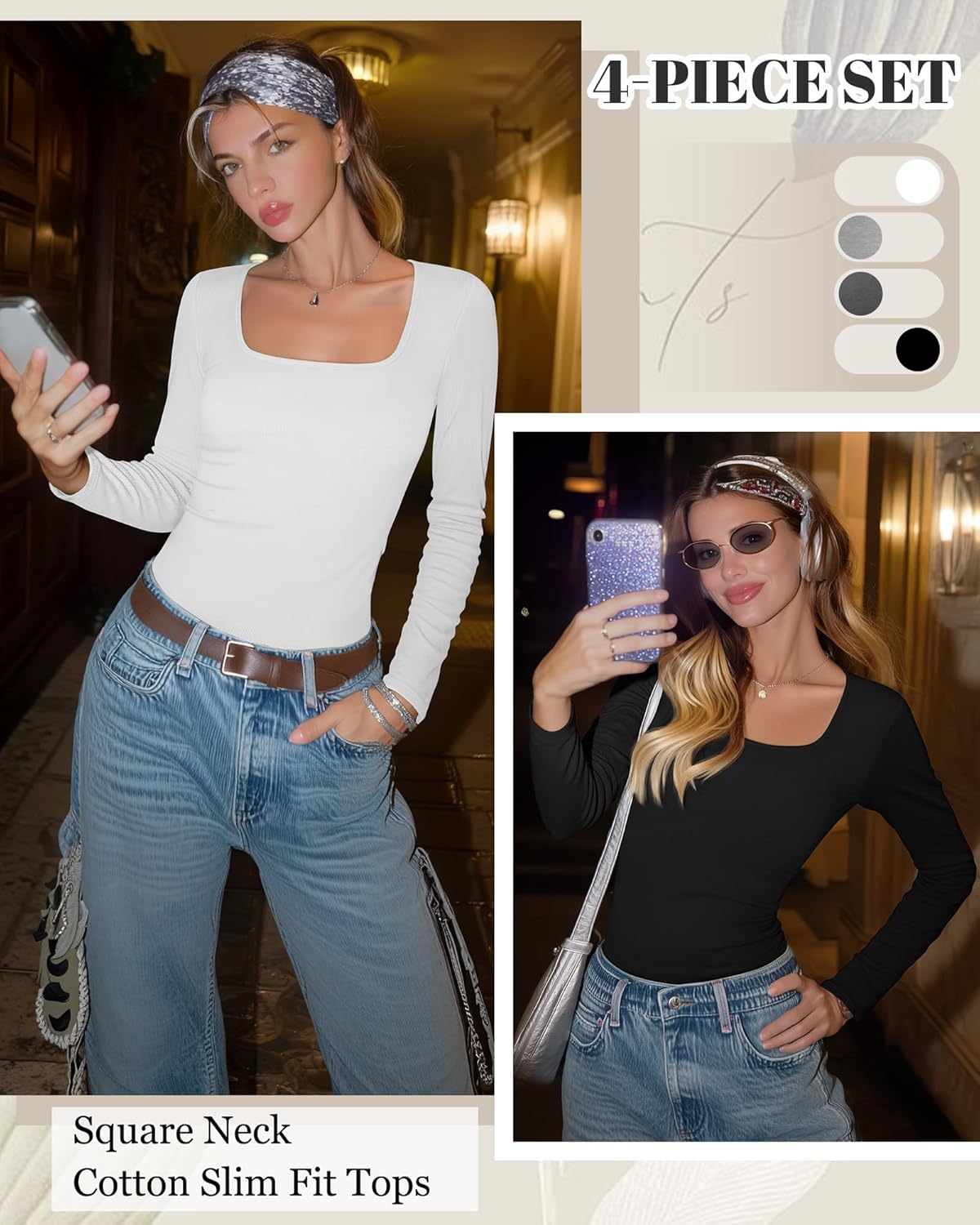 Riyiper 4 Pack Women's Square Neck Long Sleeve Tops Going Out Slim Fit Shirts Tight Layer Basic Tee 2026 Winter - Image 4