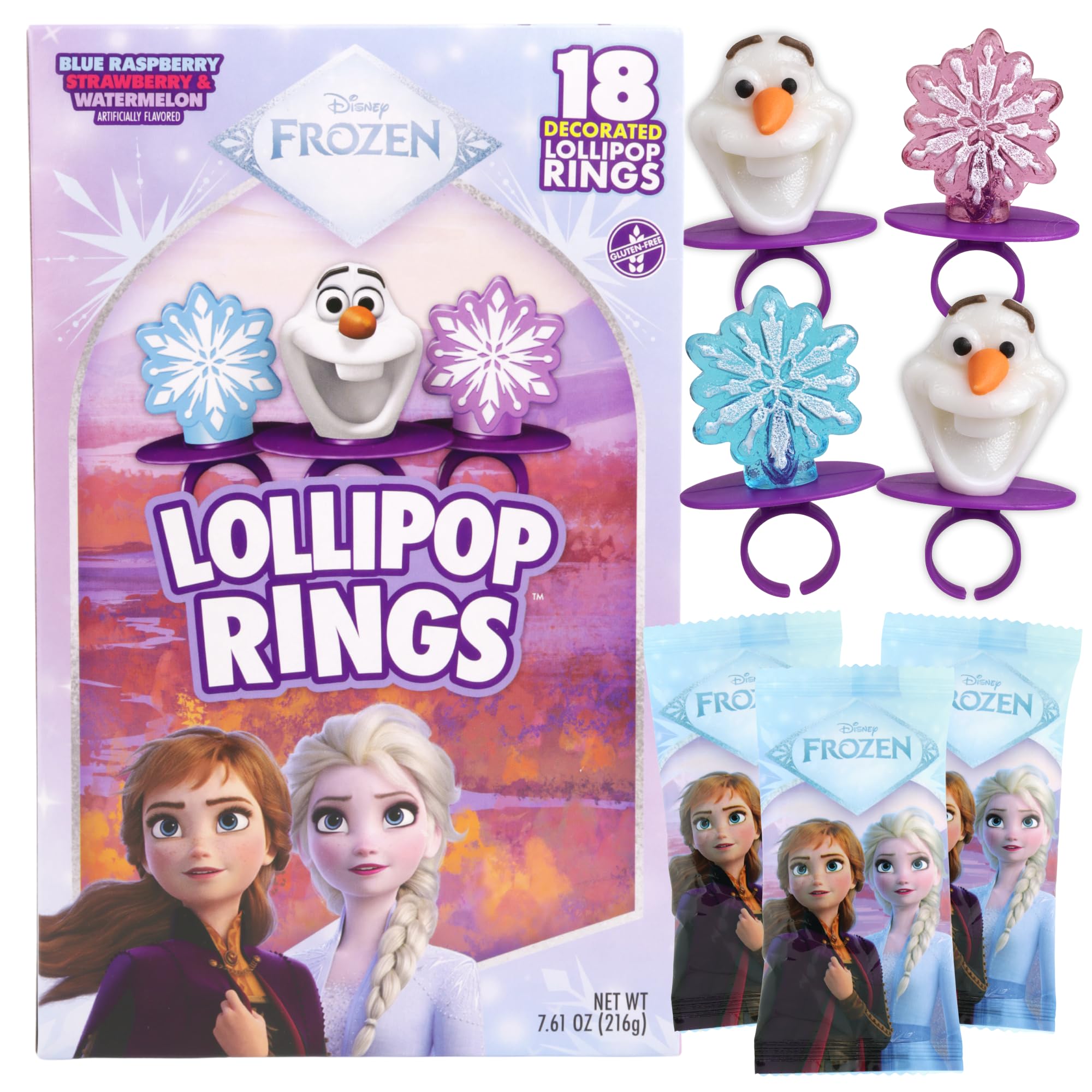 Disney Frozen Lollipop Rings, Individually Wrapped Candy Assorted Suckers, Themed Birthday Party Favors, 18 Count