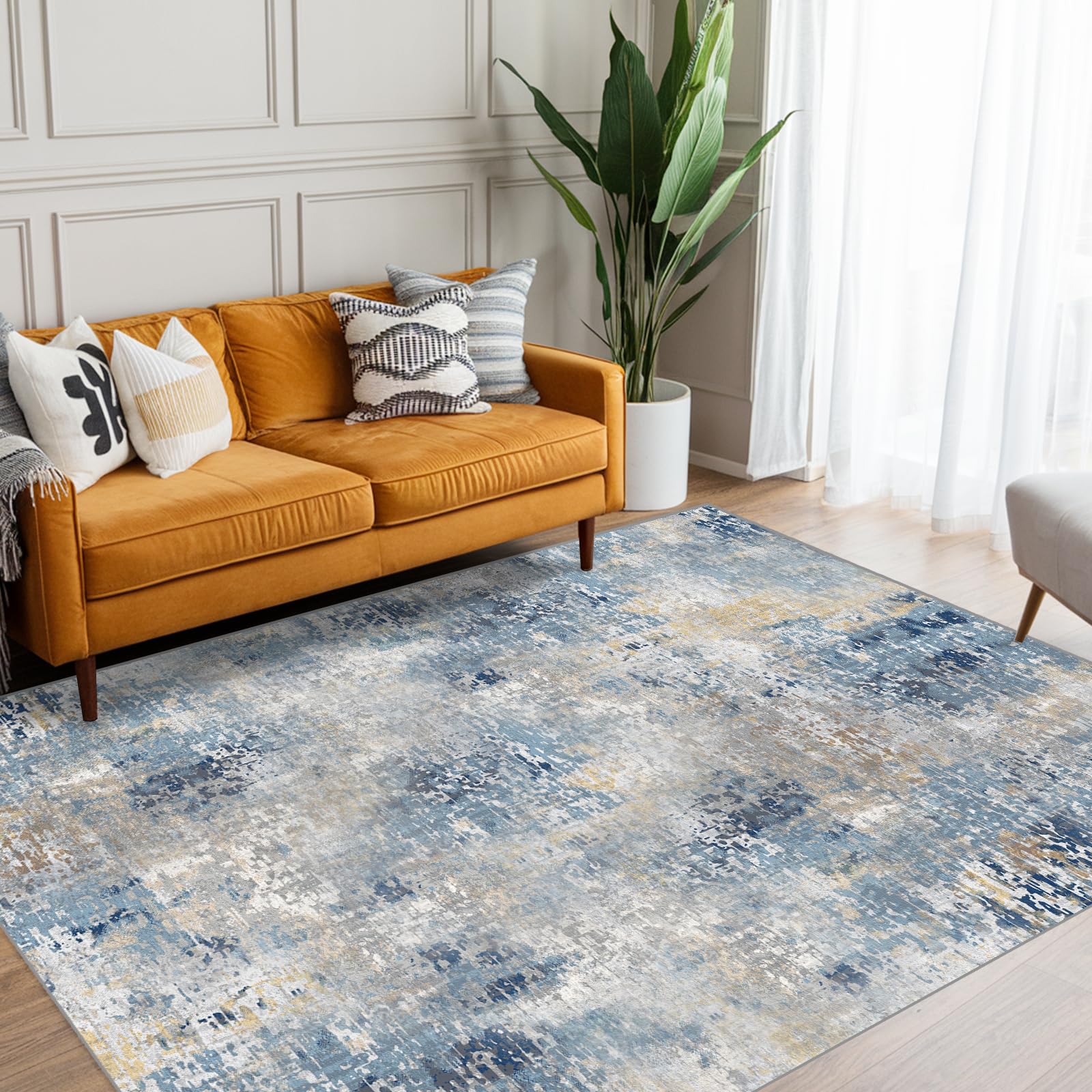 Season wind Washable Blue Area Rugs 5x7 Modern Abstract Soft Large Carpet for Living Room Entryway Bedroom Farmhouse