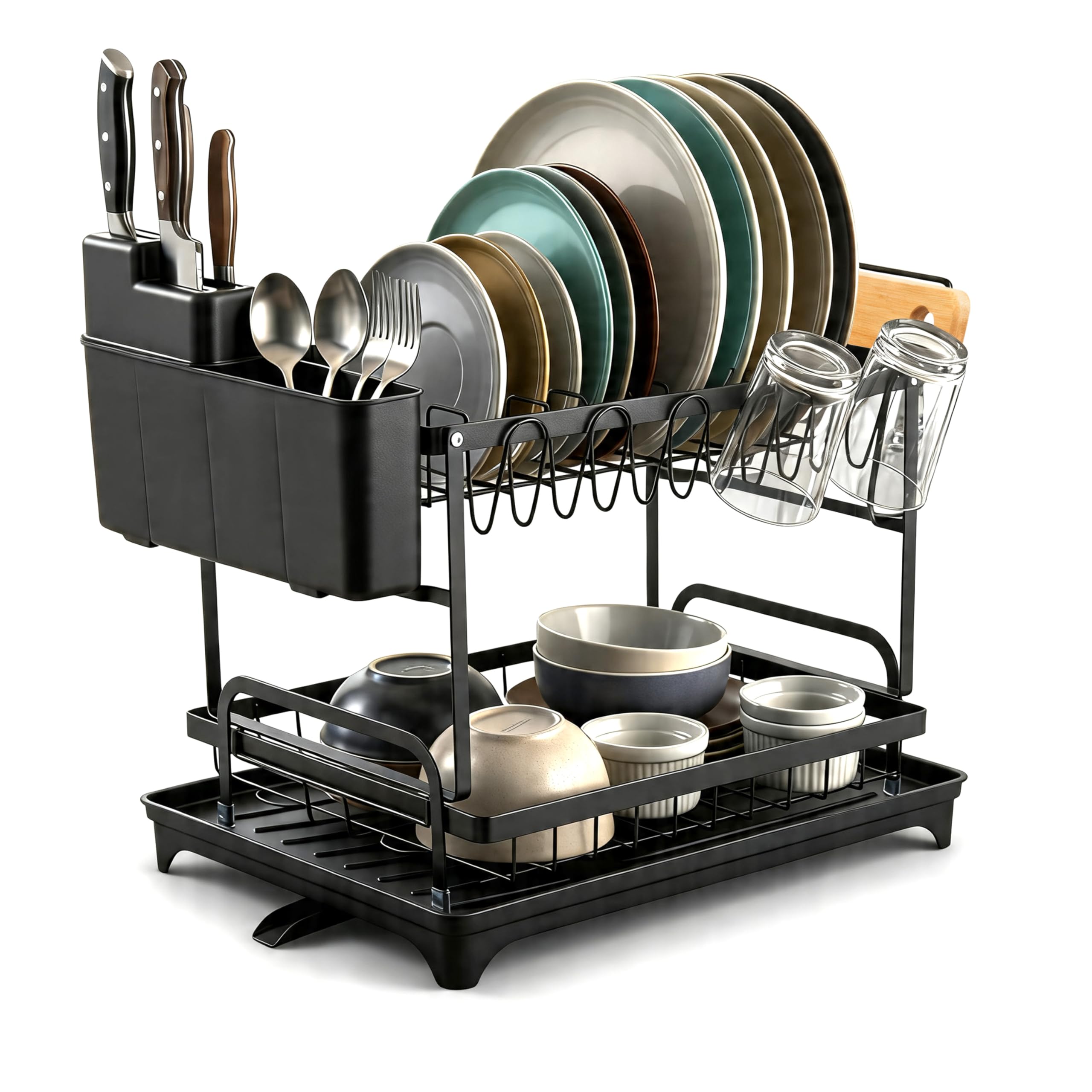 Crystals 2 Tier Dish Drying Rack, Kitchen Dish Drainer With Utensil Holder, Space-Saving Dish Rack, Stainless Steel Metal Anti Rust Drying Rack With A Cutlery Holder With Drain Board