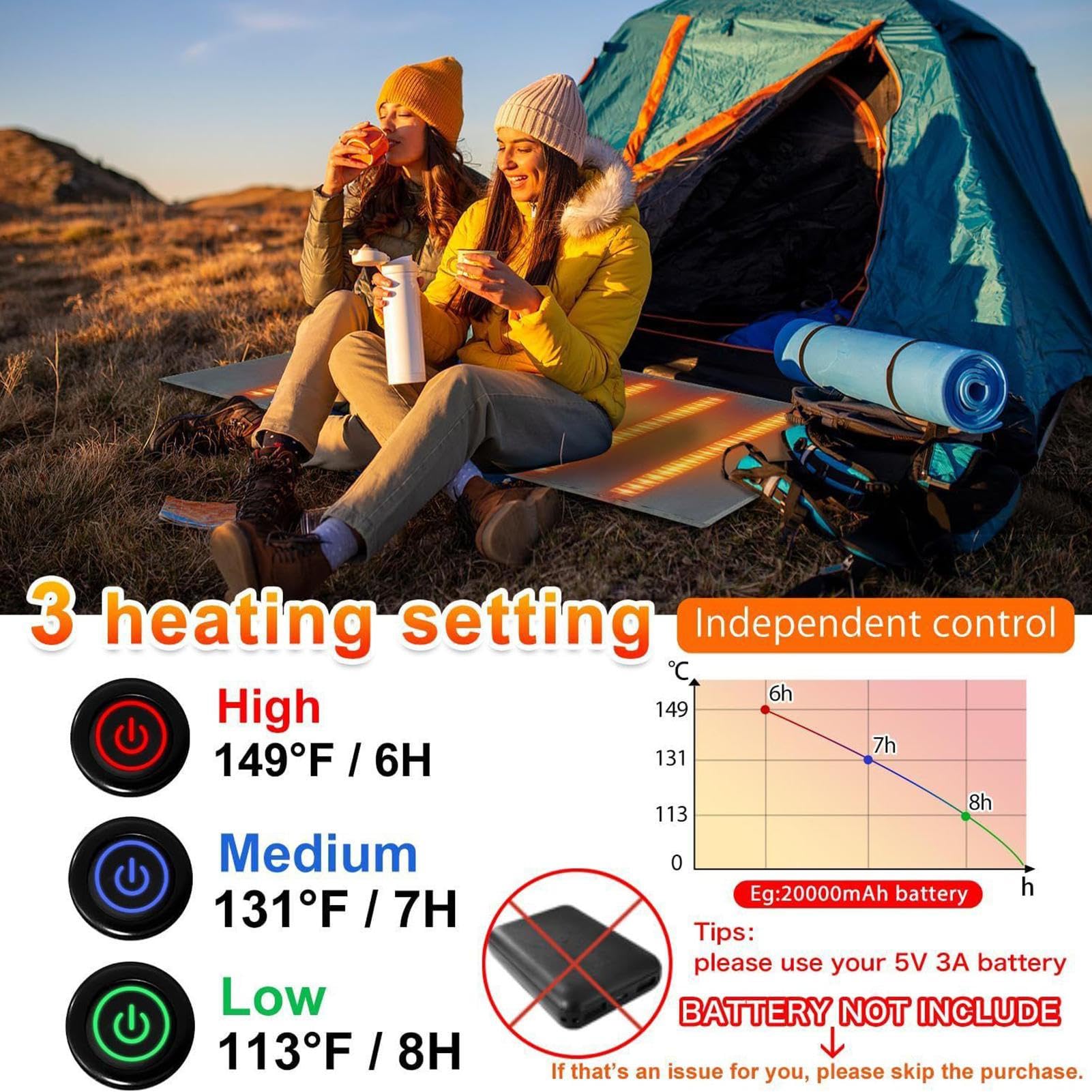 Manta térmica ajustable USB para camping