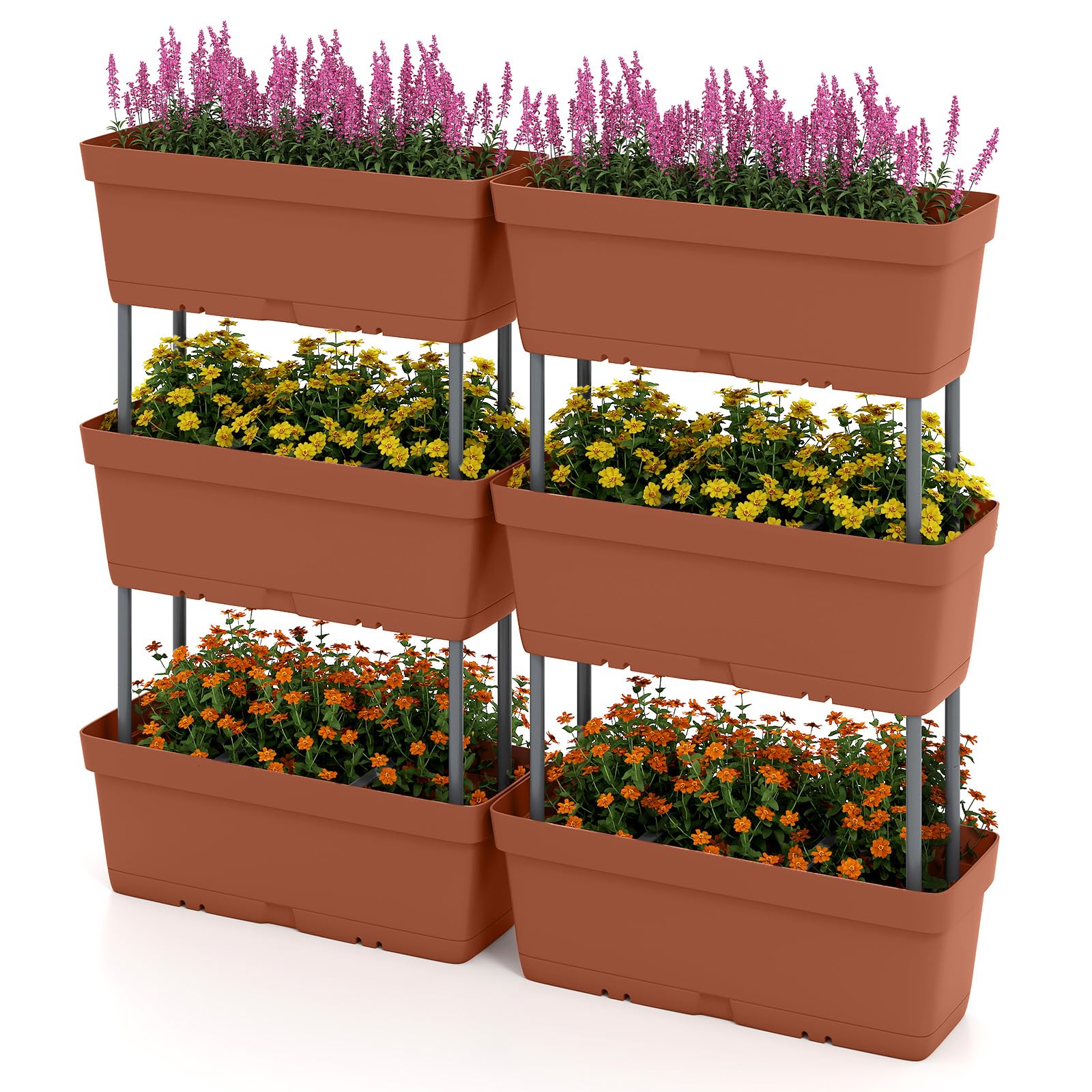 RELAX4LIFE Set di 6 Vasi per Piante, Fioriera a 3 Livelli con Aste di Connessione Solide, Combinazione Libera e Personalizzata, Design Verticale e Salvaspazio, Capacità di Peso 5 kg (Rosso)