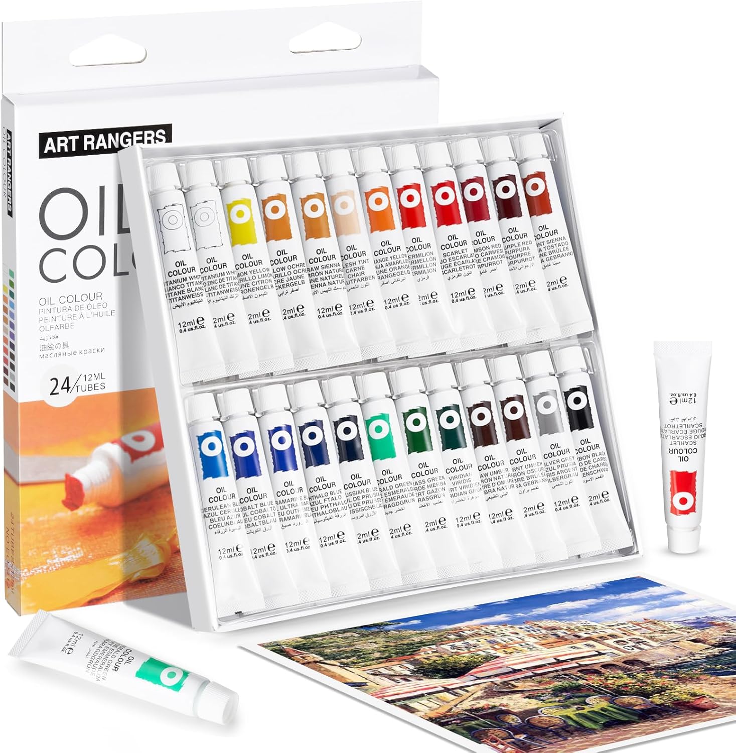 LIGHTWISH 油絵の具 学習油絵セット 24色 x 12ml キャンバス絵画用の豊富な顔料油ベースの絵の具、初心者、学生、大人向けの非毒性の油絵用品