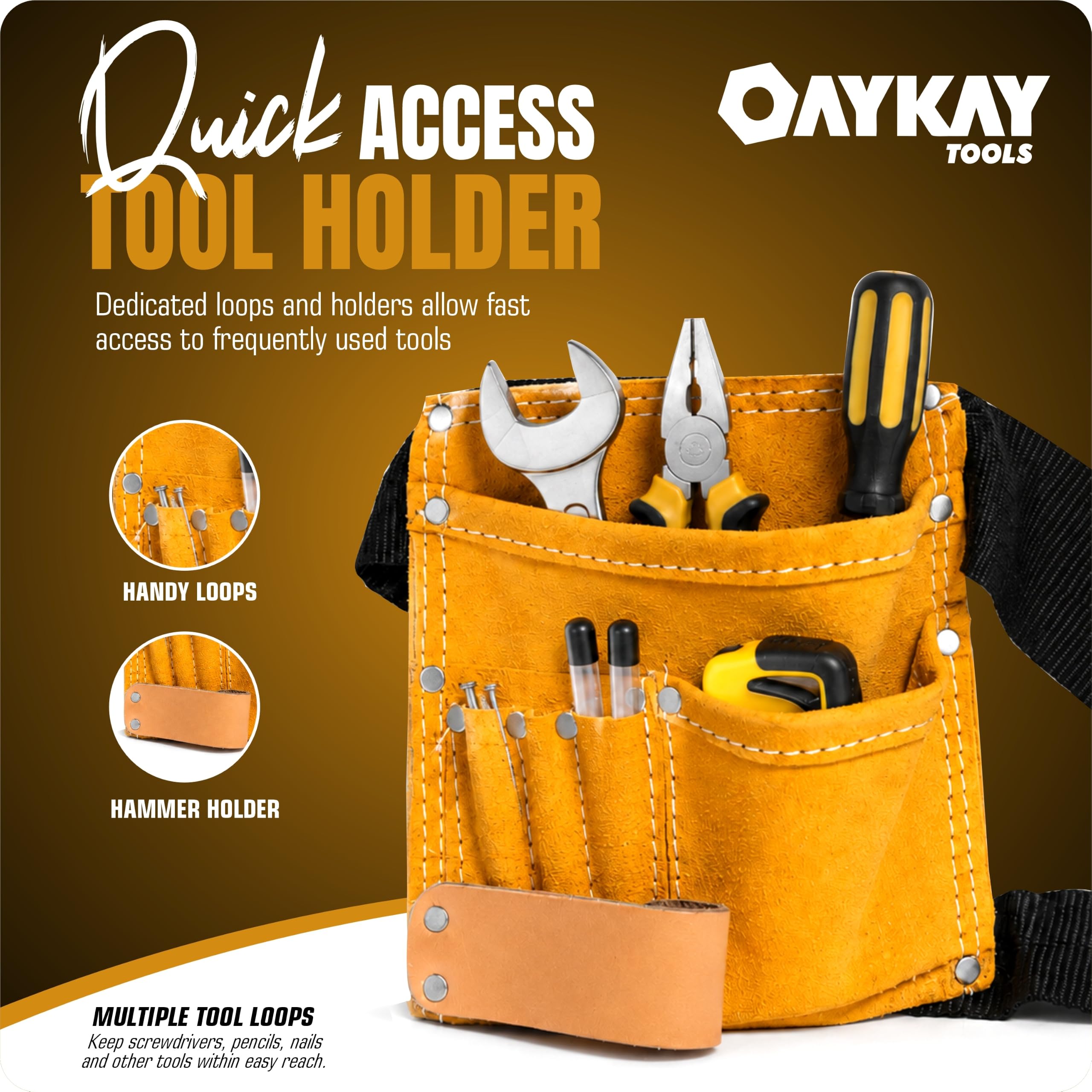 Oaykay Tools 5 Pocket Yellow Leather Tool Belt with Hammer Holder and Quick Release Buckle (Size 8.5 * 8 Inch) 3
