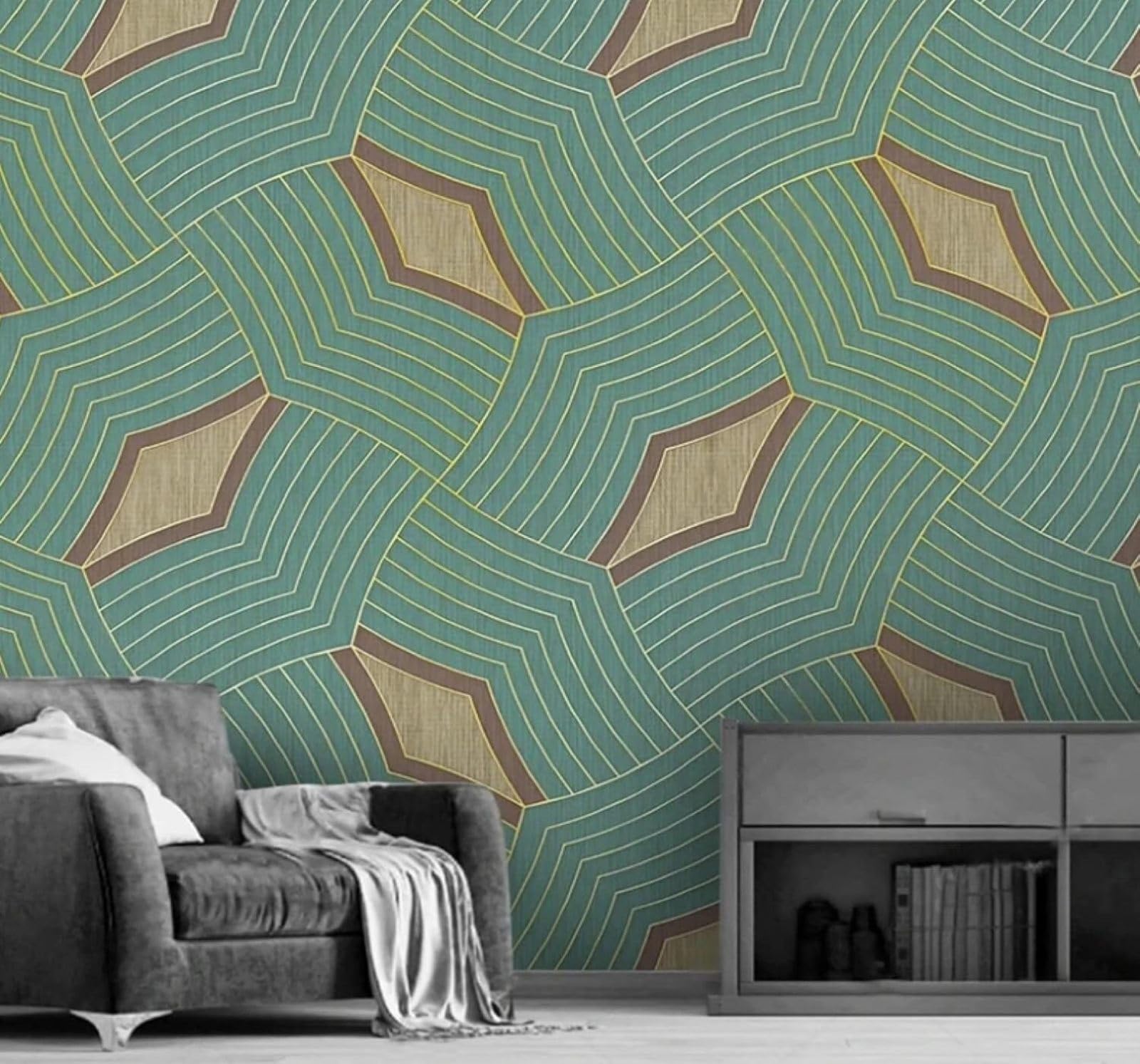 Wallpaper-3D-Xlm 300Cm×210Cm(B×H) Abstract Gold Lines Geometric Grid 3D Wallpaper Easy Install Feature Office Living Room Sofa Bedroom Tv Background Wall Decoration-300Cm×210Cm