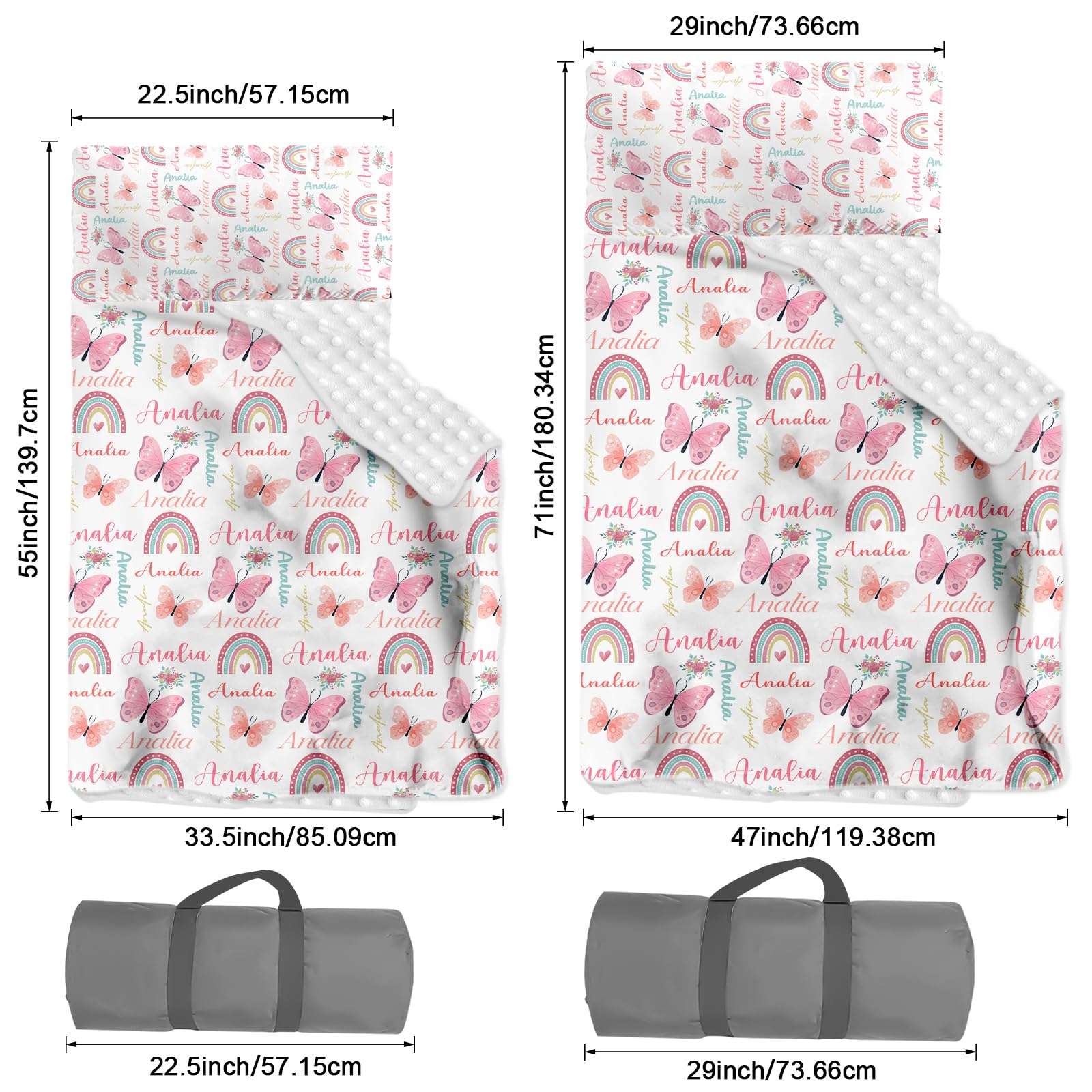 Personalized Toddler Nap Mat, Custom Name Sleeping Bag with Removable Pillow & Blanket, Roll Up Nap Mat for Boys Girls, Preschool Daycare Kindergarten,Rainbow Butterfly Theme