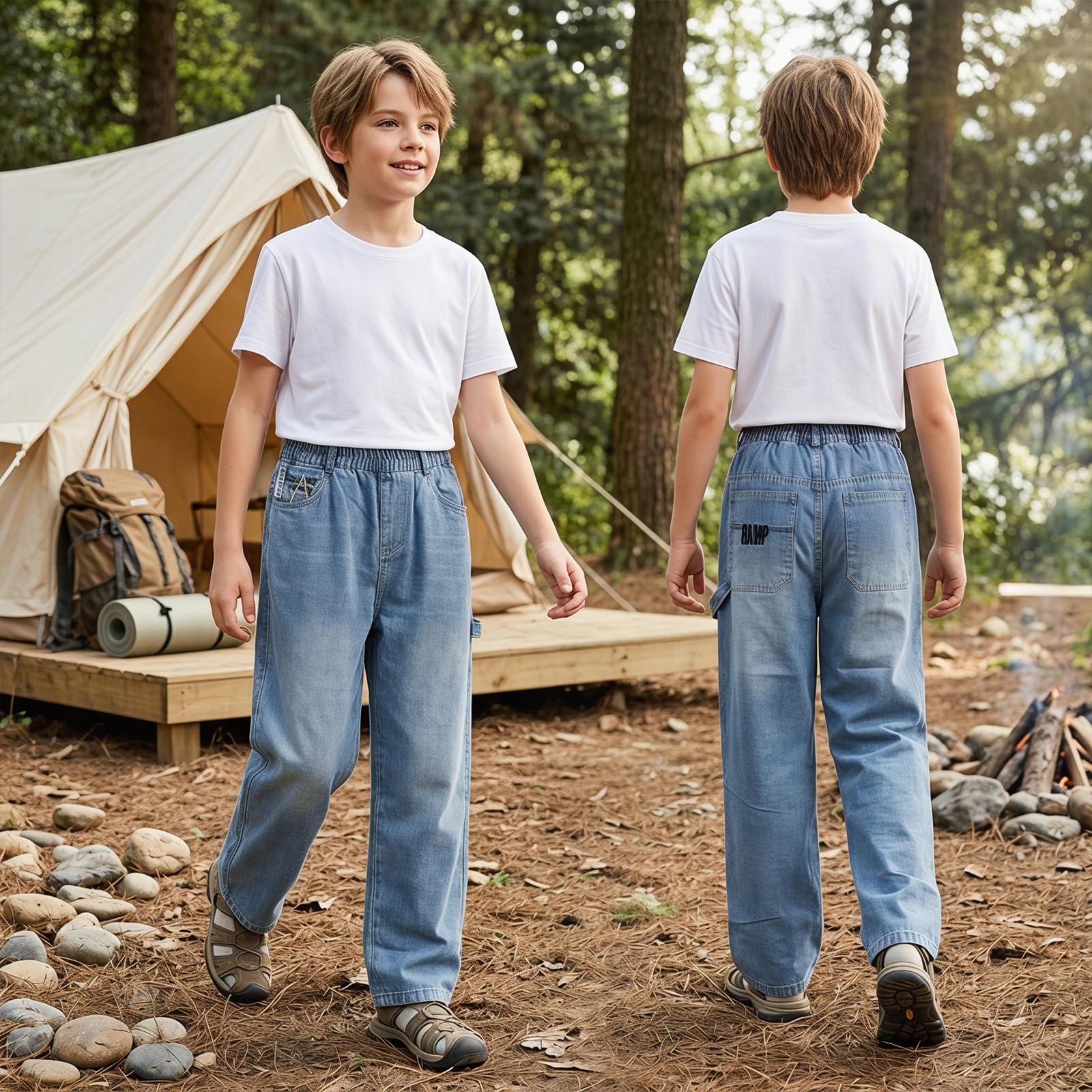 Jeans Baggy Garçon Enfant Pantalon en Denim avec Multiples Poches Taille Élastique Décontracté Loose Fit Coupe Droite Jeans Mode Casual Streetwear Pantalons pour Ado 7-15 Ans