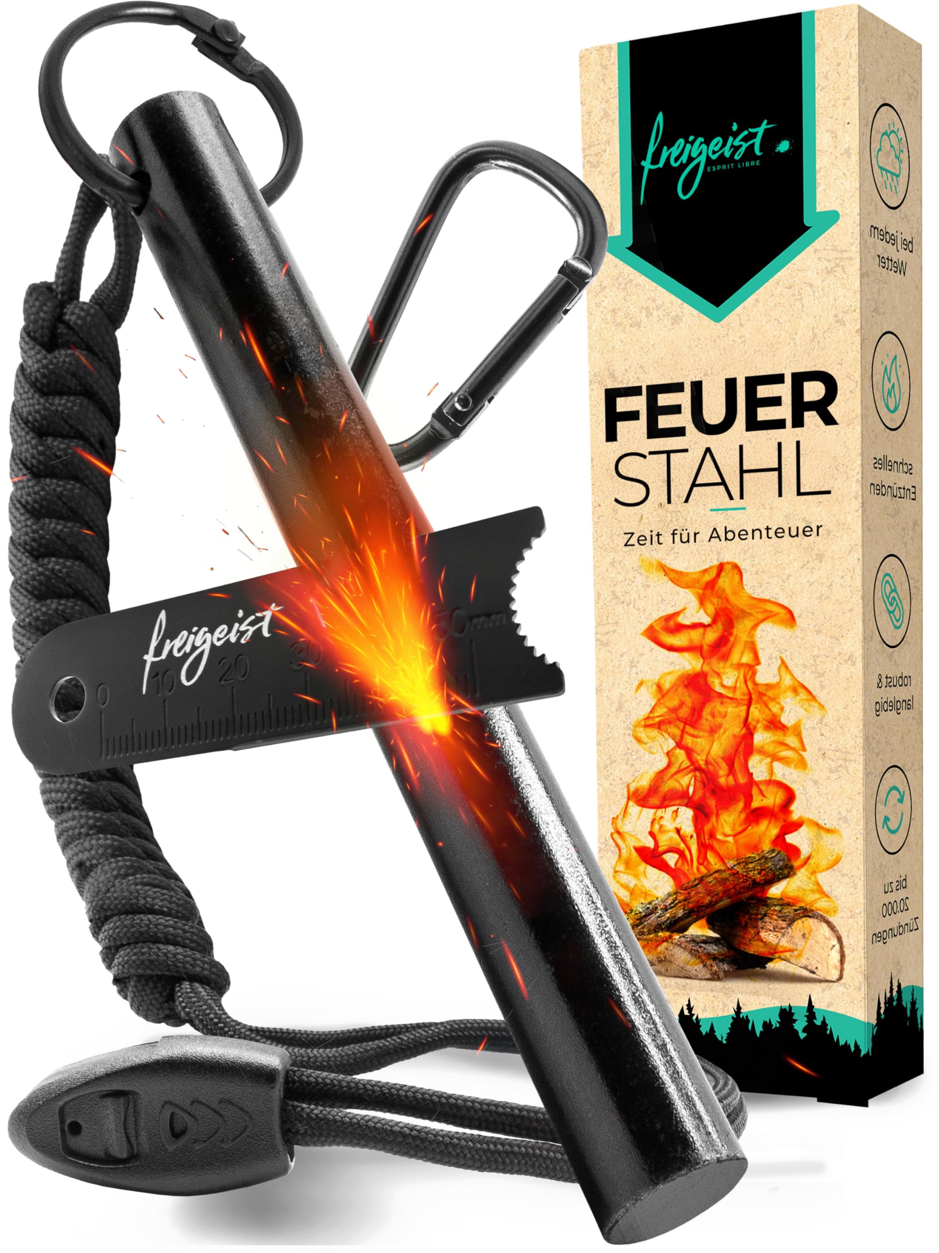 The Fire Steel Outdoor XXL I Powerful Flint + Paracord Set, Extremely Strong Sparks + Emergency Whistle, Magnesium Fire Starter, Flint Survival, Survival Equipment, Outdoor Accessories Survival