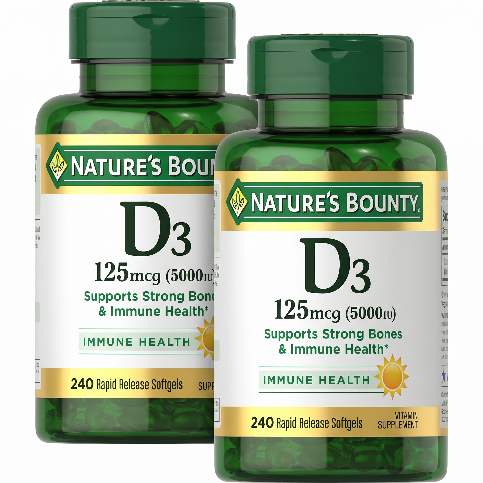 Nature's Bounty Vitamin D3 5000 IU Softgels, Rapid Release, Immune Support, Vitamin D Supplements, 240 Ct (Pack of 2) 240 Count (Pack of 2)
