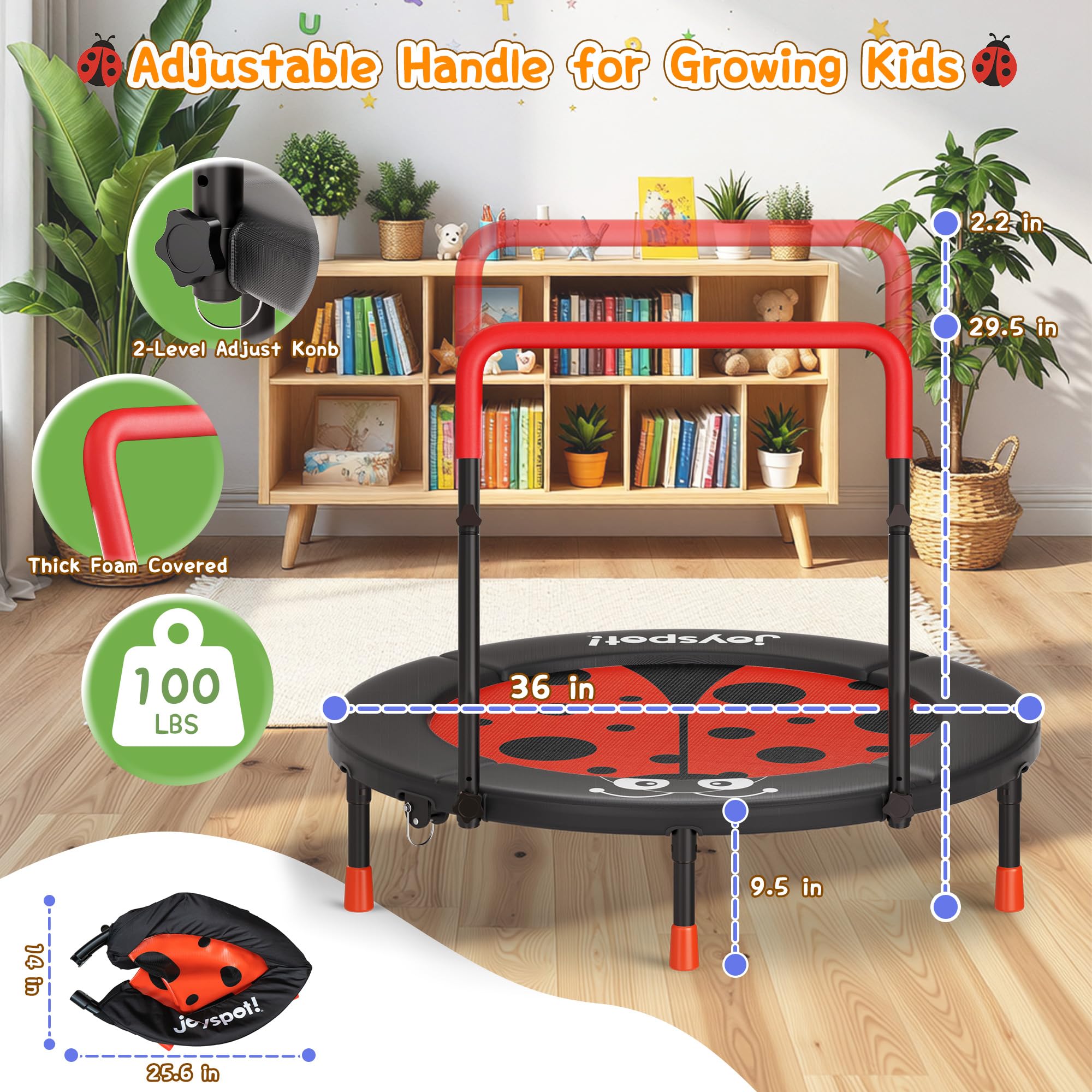 JOY SPOT! Trampolin Kinder Indoor Outdoor, Ø91cm Mini Trampolin mit Verstellbarer Haltegriff, Faltbares Kindertrampolin bis 45 kg, Fitness Rebounder mit Sicherheitspolster für Kleinkind 3-12