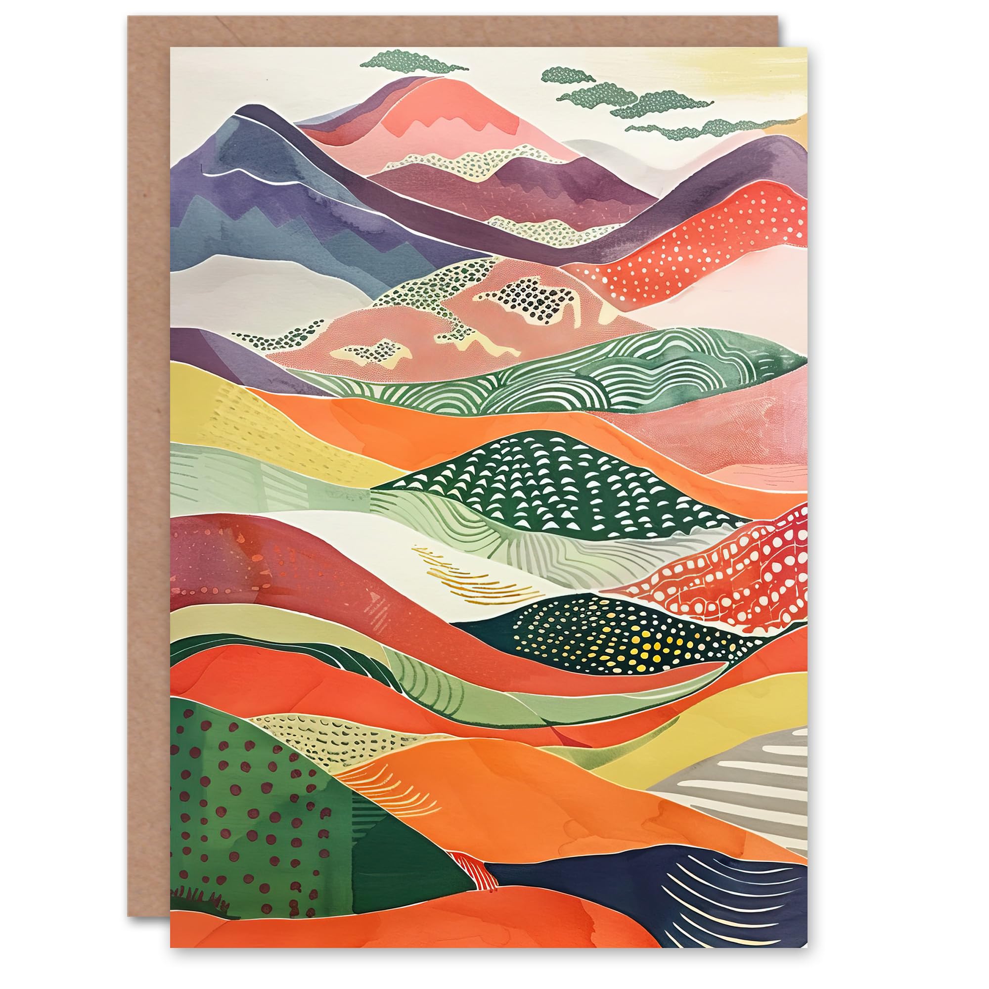 Artery8 Greeting Card Colourful Countryside Hills Folk Art Landscape Blank For Him Or Her Art Birthday Card