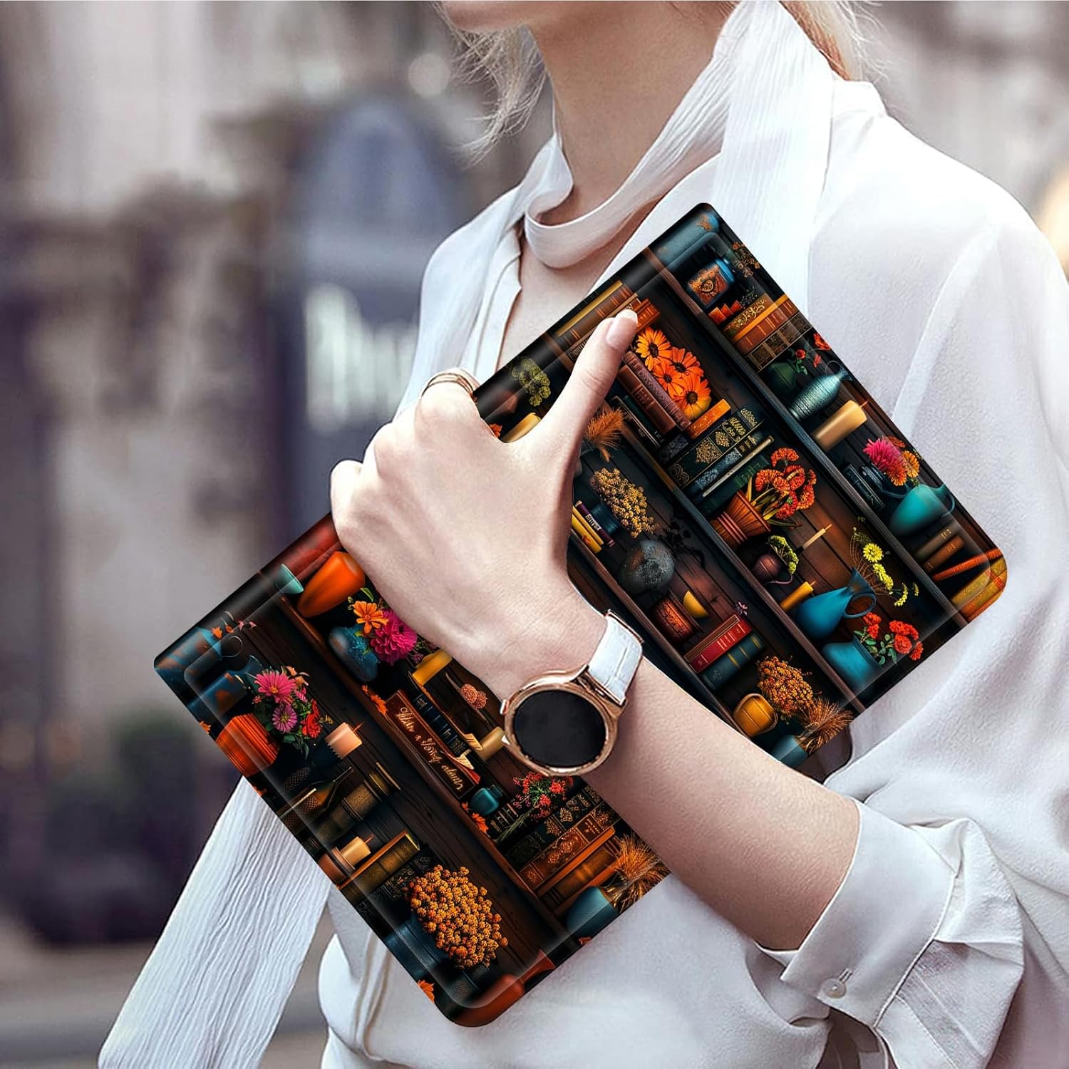 Case for iPad Air 13-inch (M3) 2025, (M2) 2024 -Slim Smart PU Leather Adjustable Stand Protective Cover with Auto Wake/Sleep,Vintage Bookshelf Flowers