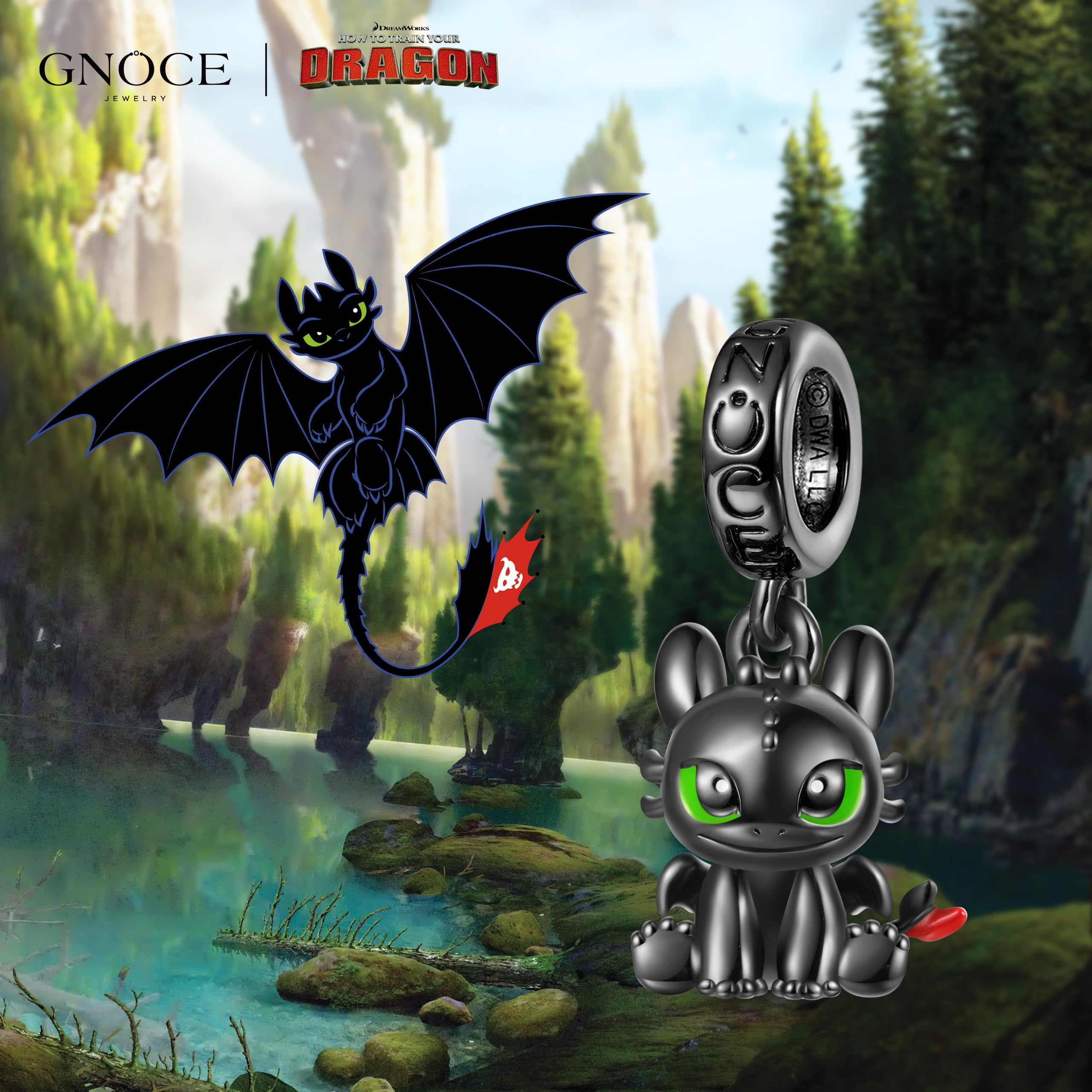 GNOCE How to Train Your Dragon Pendentif Dangle Charm Ohnezahn Rage de Lumière - 925 Sterling Silver Fit Bracelet/Collier Bijoux Cadeau pour Femme Épouse