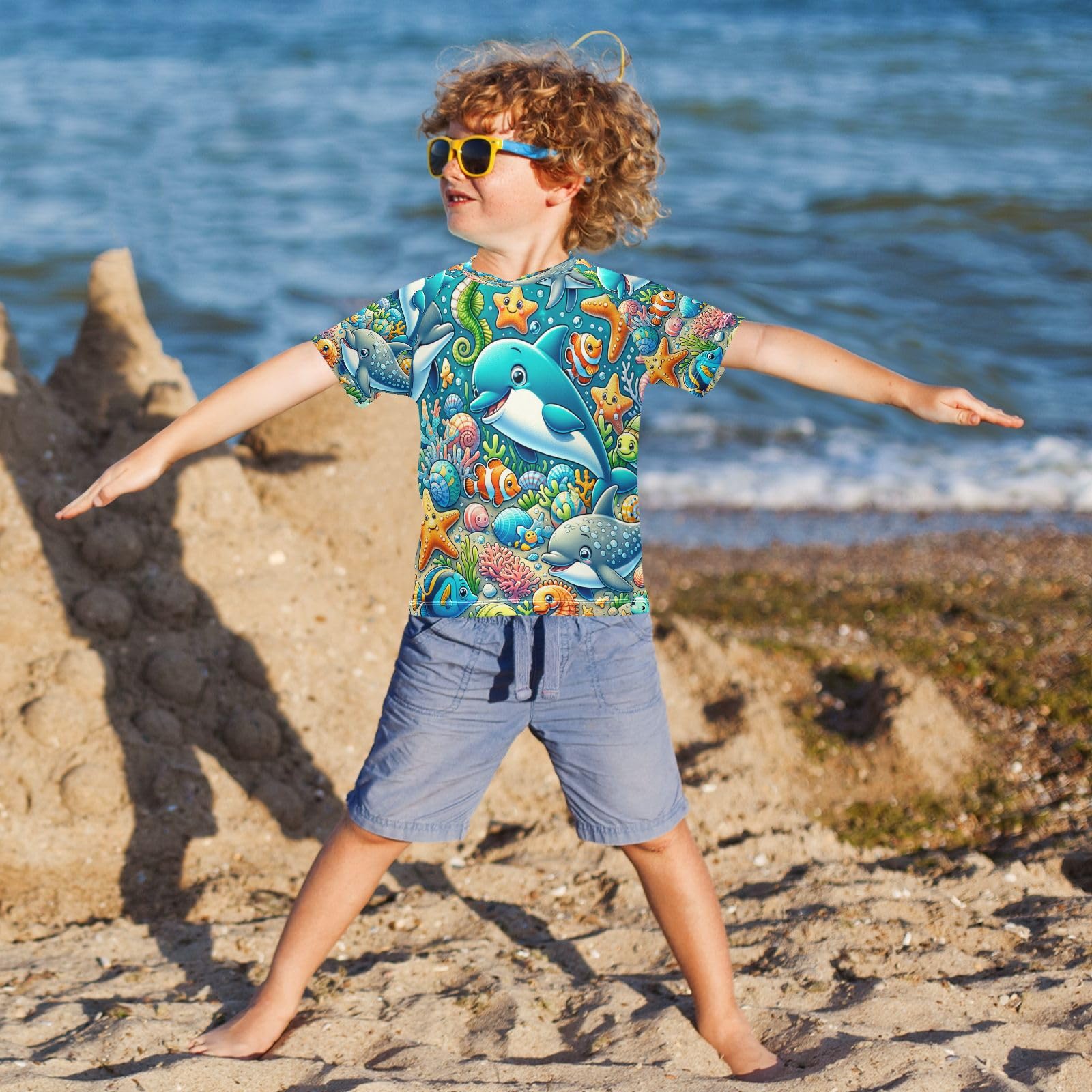 Toddler Boy Rash Guard Short Sleeve Swim Shirt Ocean Theme Print Rashguard 3T Beach Shirts Quick Dry,172