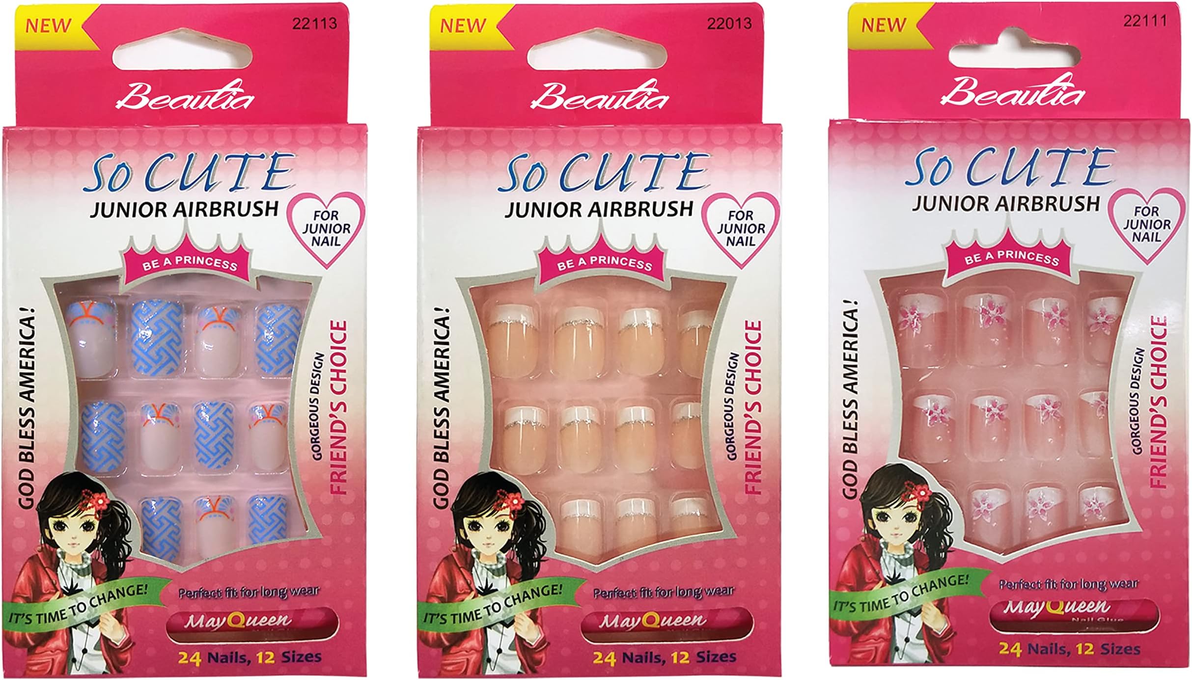 3pack 72Tips So Cute Artificial False Fake Junior Nail With Glue For Kids (22113/22013/22111)