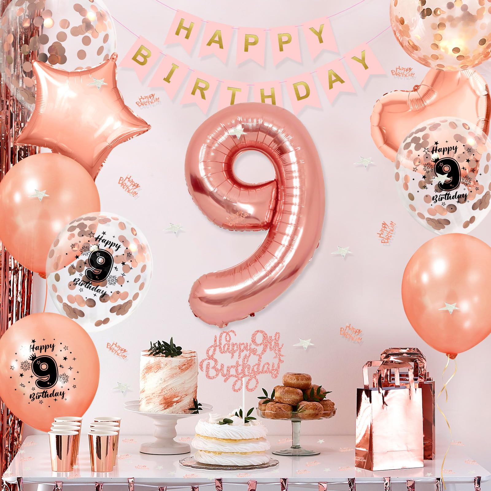 9° compleanno, decorazione per porta, Happy 9° compleanno, oro rosa, festone per il 9° compleanno, decorazione per porta, striscione, 9° compleanno, sfondo per feste di compleanno