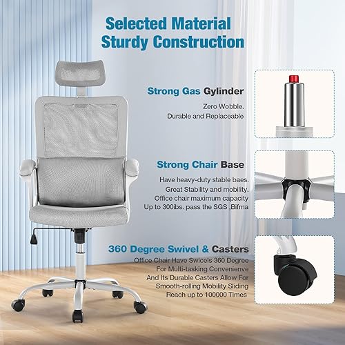 Miniatura 7 de OLIXIS Silla ergonómica de oficina con respaldo alto, malla transpirable con reposacabezas ajustable y soporte lumbar, reposabrazos acolchado