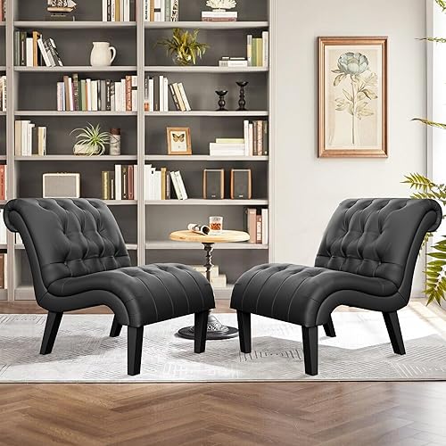 Miniatura 21 de Yongqiang Silla decorativa para dormitorio, sala de estar, moderna silla esquinera tapizada con botones y sin brazos con patas de madera Poliuretano