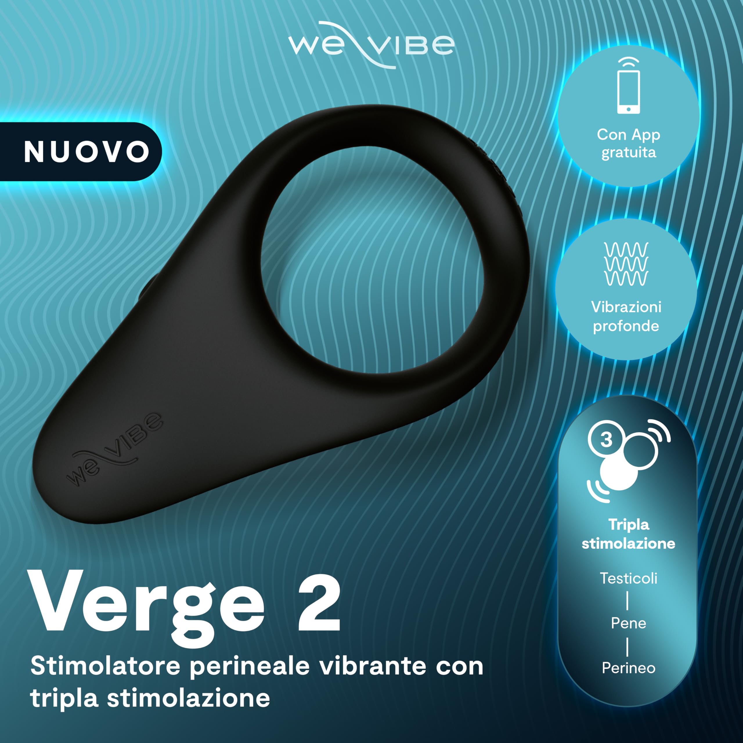 We-Vibe Verge 2 Anello vibrante per il pene - Anello fallico 52mm - Stimolazione perineo & Clitoride - Controllo App a distanza - 10+ modi di vibrazione - Impermeabile - Sex Toys per uomo e coppie
