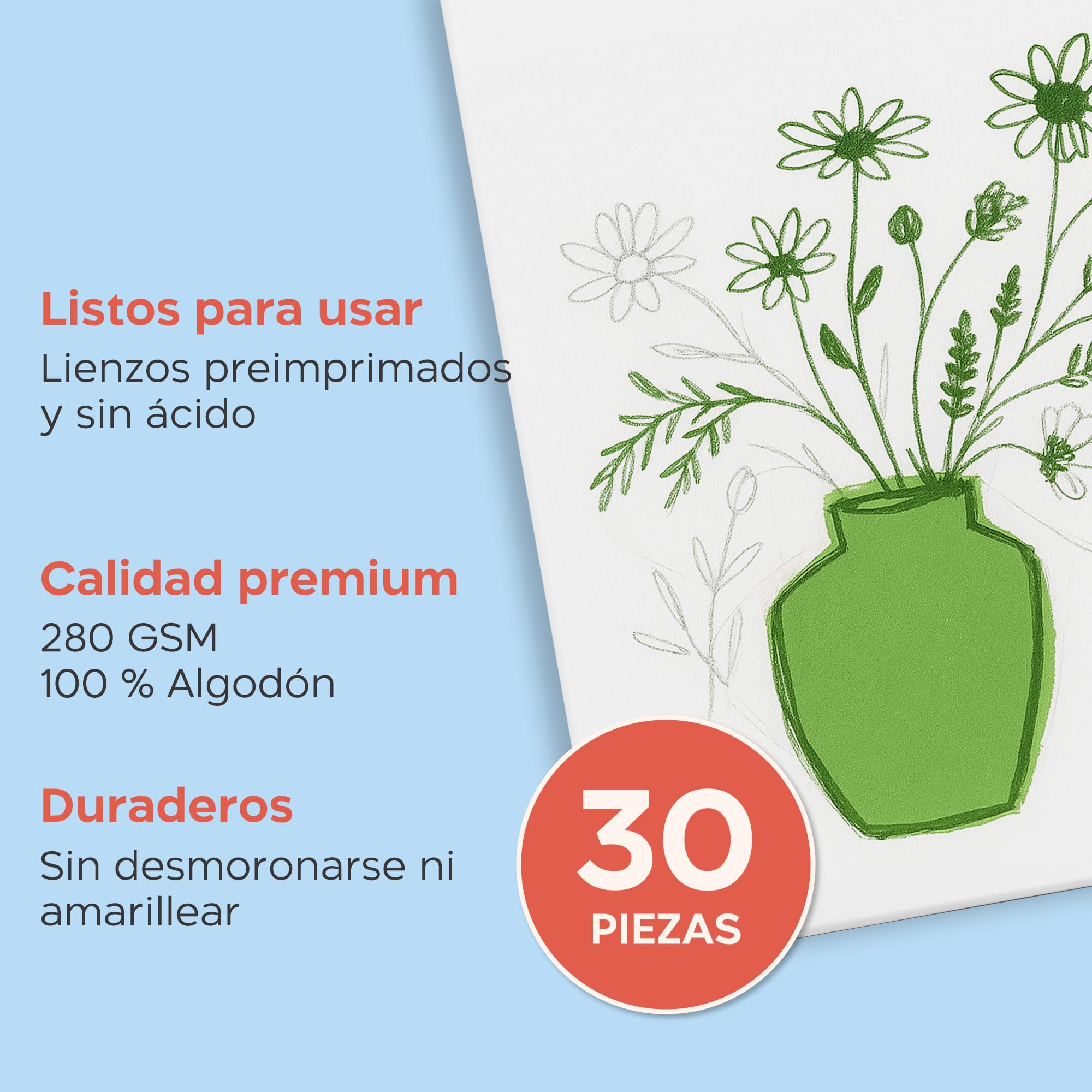 Zenacolor Lienzos Para Pintar 3 Tamaños (Set de 30) - Canvas para pintar 280 g/m² 100% Algodón - Para Pintura Acrílica, Óleo y Gouache
