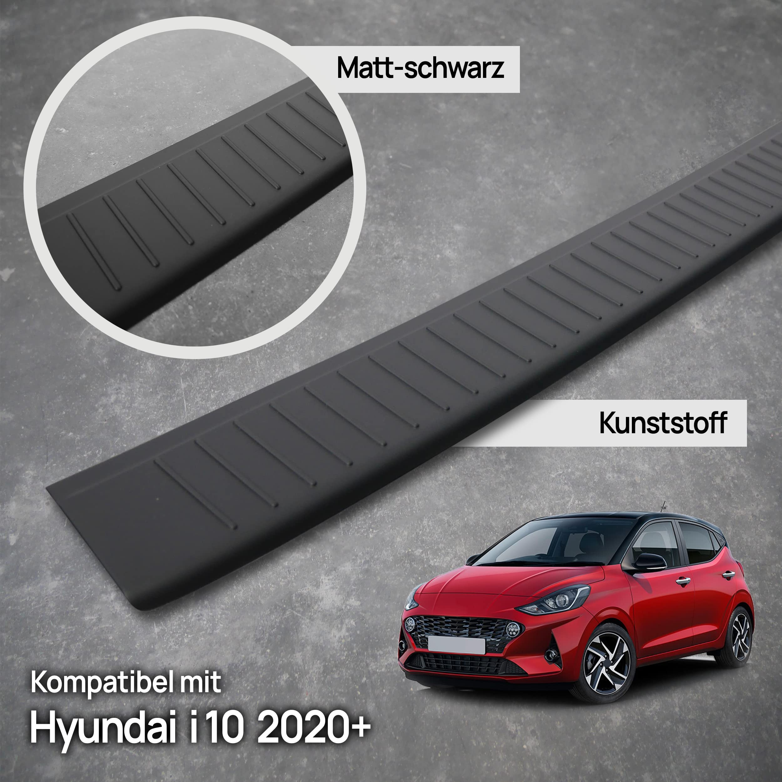 CHROMEMASTER | Ladekantenschutz Stoßstangenschutz | Kompatibel mit Hyundai i10 2020- ; Kunststoff Matt-schwarz; Unsere Lackschutzleiste Sichert den Heckstoßfänger vor Kratzern Und Beschädigung ab
