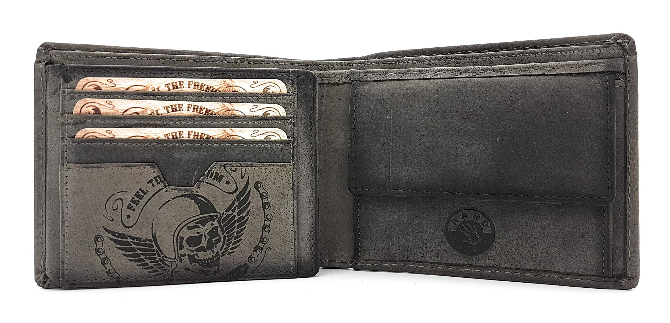 Monedero de piel auténtica con diseño de calavera y alas con cadena de 50 cm y protección RFID