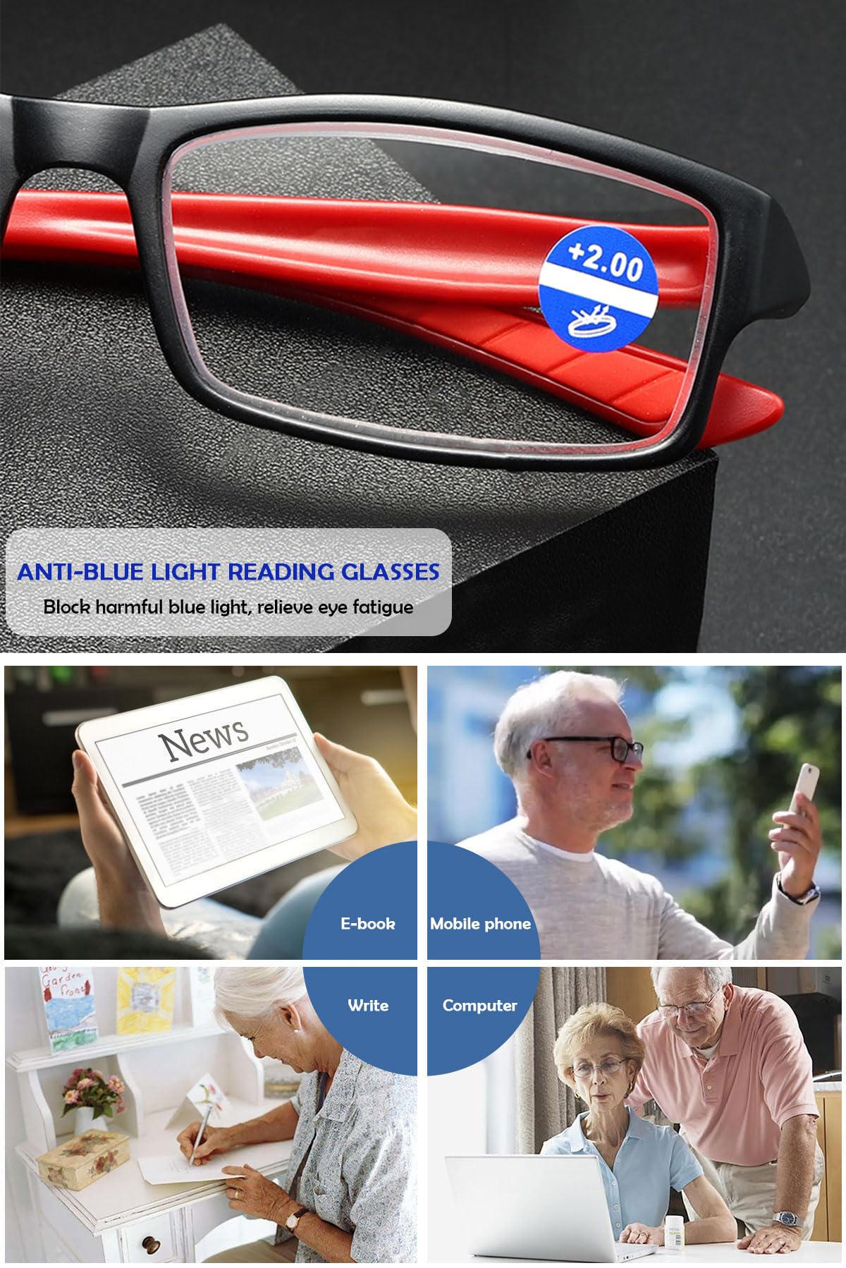 KOOSUFA Sport Lesebrille Anti Blaulicht Herren Damen Rechteckiger Arbeits Lesebrillen Lesehilfe Computerbrille Anti Müdigkeit Brille mit Stärke 0.0 1.0 1.5 2.0 2.5 3.0 3.5 4.0