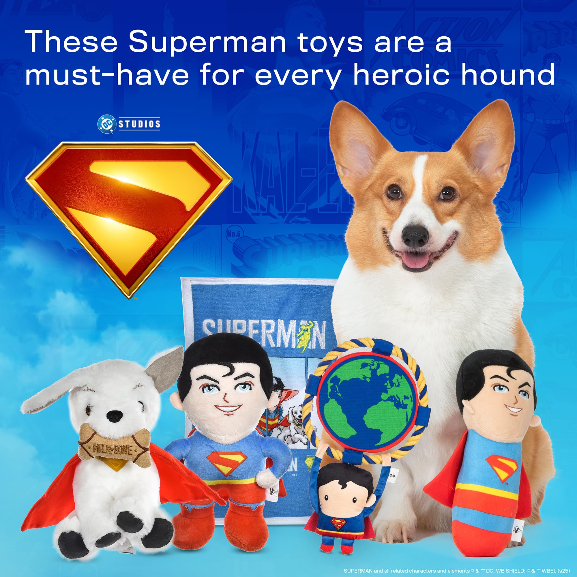 DC Comics Superman Krypto The Superdog Plüsch-Hundespielzeug – weiches quietschendes Hundespielzeug mit Knistergeräuschen, Umhang & Milchknochen-Leckerli-Design, 19,1 cm